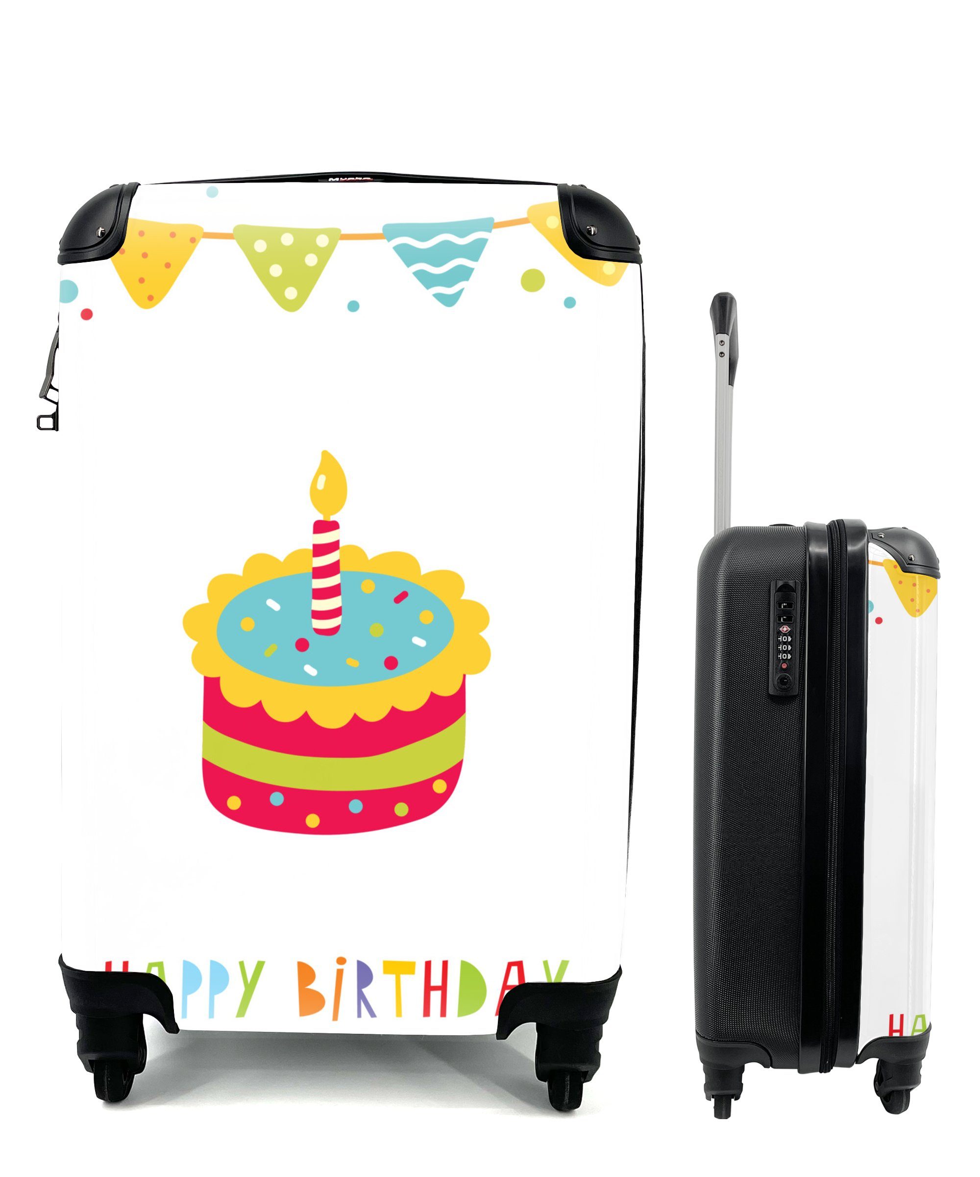 MuchoWow Handgepäckkoffer Illustration mit Fahnen, einem Kuchen und dem Zitat "Happy Birthday"., 4 Rollen, Reisetasche mit rollen, Handgepäck für Ferien, Trolley, Reisekoffer