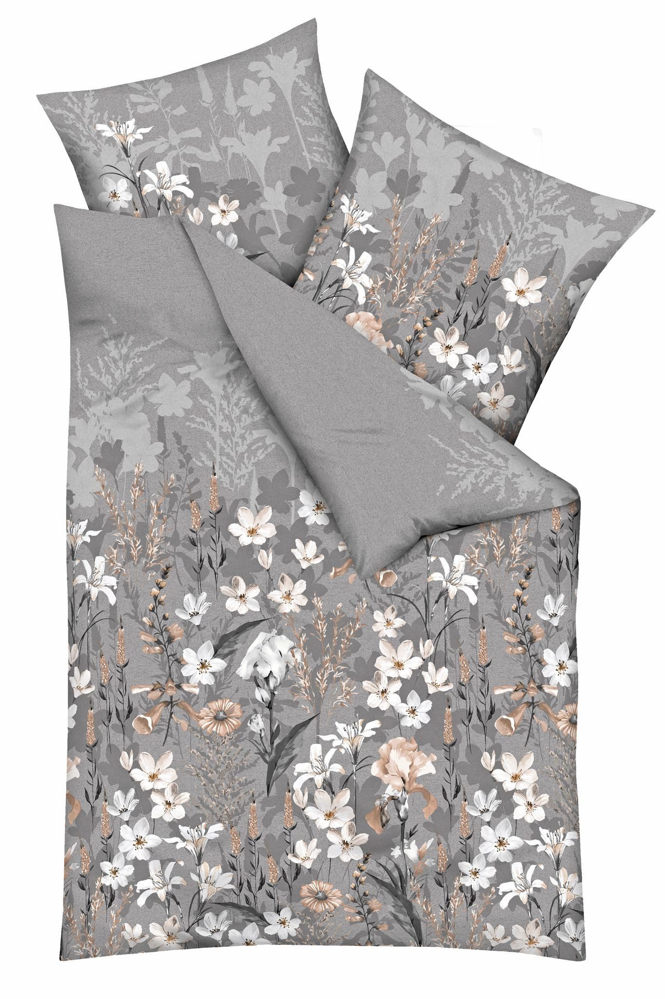 Kaeppel Bettwäsche 135x200cm Lily Blumen Grau, Biber, 2 teilig, liebevolles Blumen- und Naturmotiv, Reißverschluss
