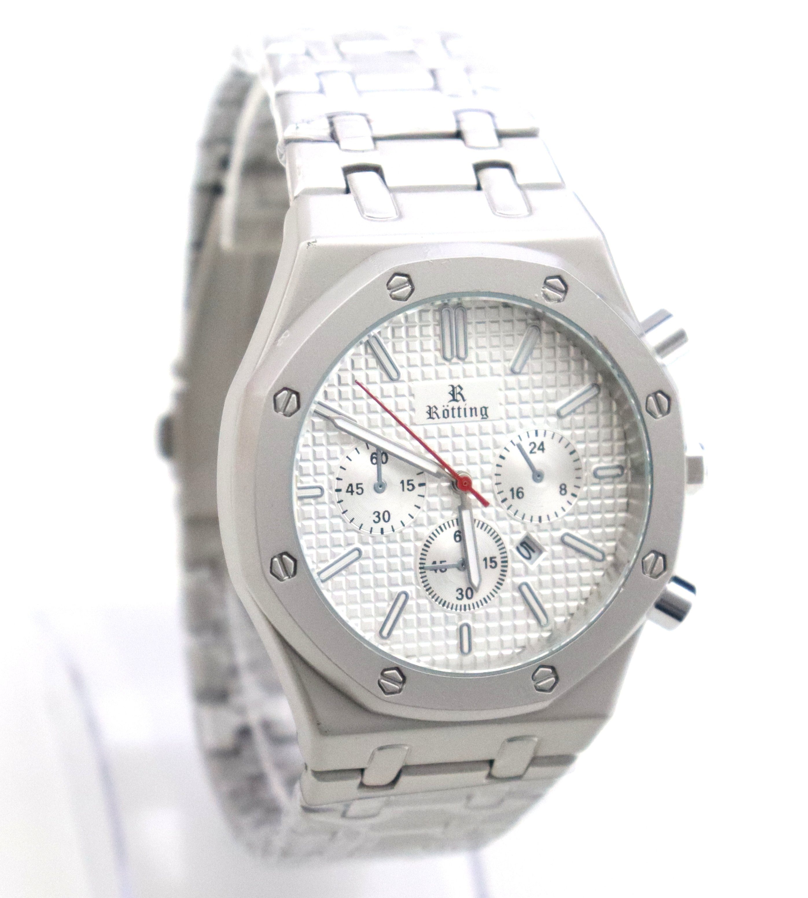 Rötting Design Quarzuhr Herrenuhr silberfarbenes Ziffernblatt in Chrono-Look Design, Datumsanzeige, Handgelenkumfang 18 bis 24 cm wählbar