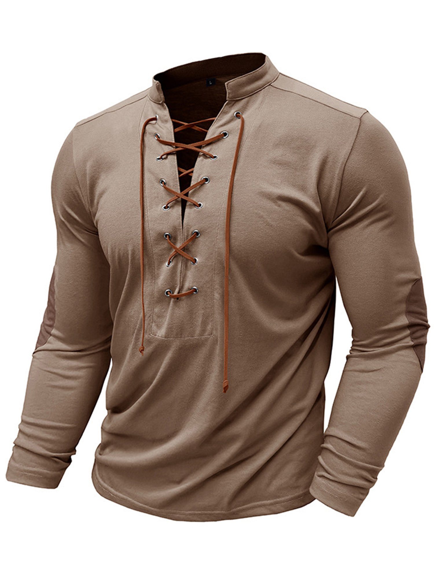 Lapastyle Langarmshirt Herren V-Ausschnitt Henleyshirt mit Top, T-shirt einfarbig Brustausschnitt Bindedesign Lässiges Khaki am Stehkragen