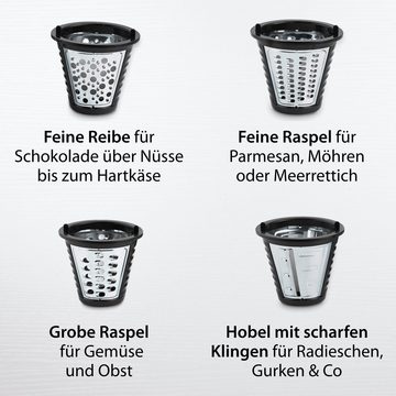 ADE Multireibe Elektrische Reibe, Gemüseschneider, inkl. 4 Einsätze, extrascharfe Klingen, Zerkleinerer für Gemüse, Obst, Nüsse, 200 W