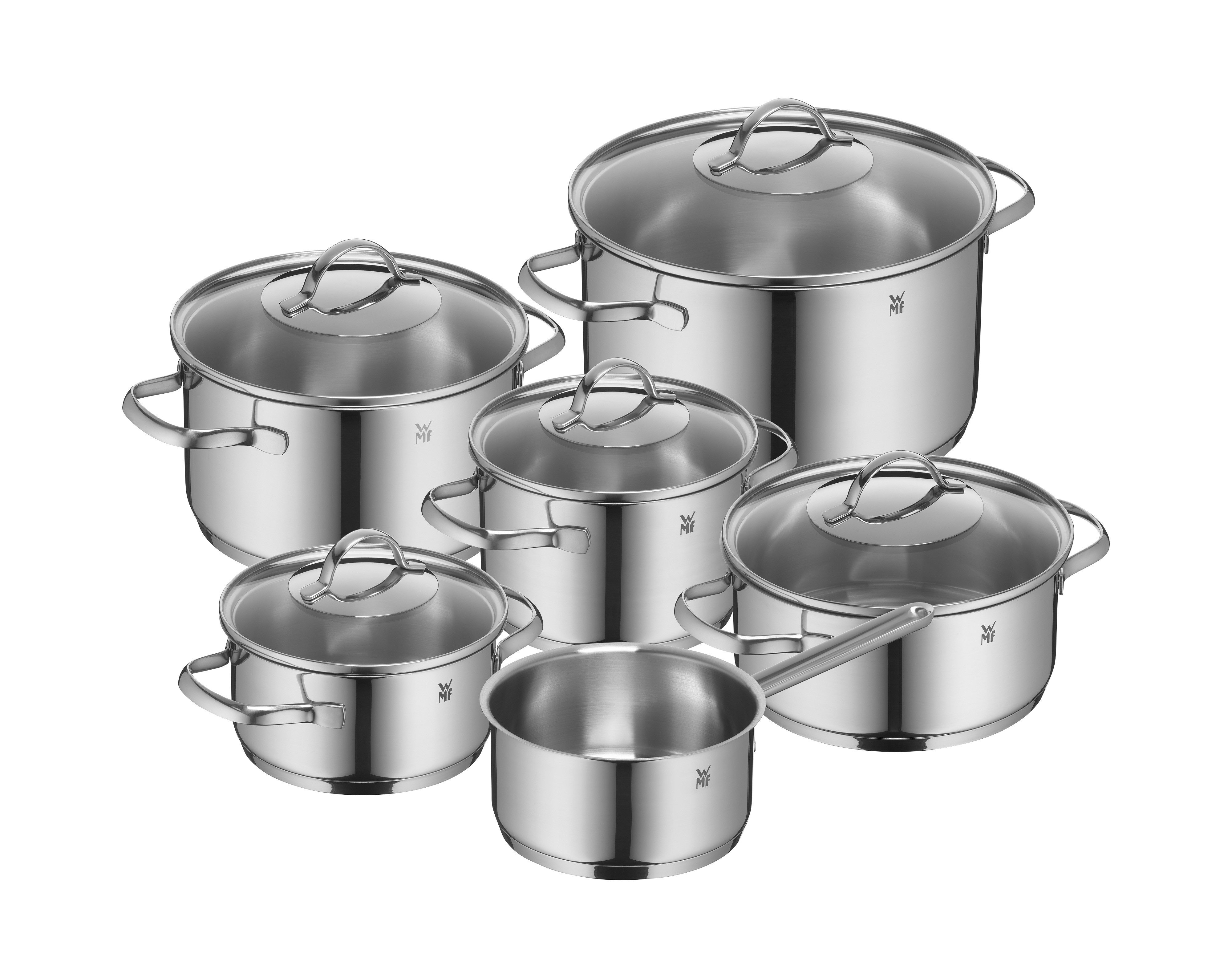 WMF Topf-Set Provence Plus, Kochtopf Set mit Glasdeckel, spülmaschinengeeignet, Cromargan® Edelstahl Rostfrei 18/10 (Set, 11-tlg., 3x Kochtopf Ø 16/20/24cm, 2x Bratentopf Ø 16/20cm, 1 Kasserolle Ø 16cm), hitzebeständig bis 250°C, TransTherm-Allherdboden, poliert, Induktion