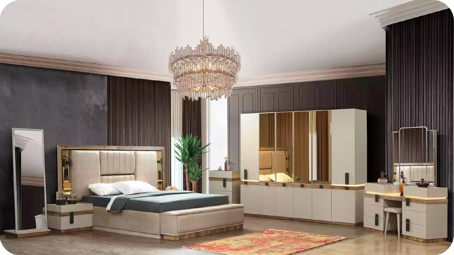 Luxus Europa Stoff Doppelbett (8-St., Made Schlafzimmermöbel Beige, JVmoebel in Komplette Groß Bett/Bank/Nachttische/Kleiderschrank/Schminktisch/Bodenspiegel/Kommode), Schlafzimmer-Set