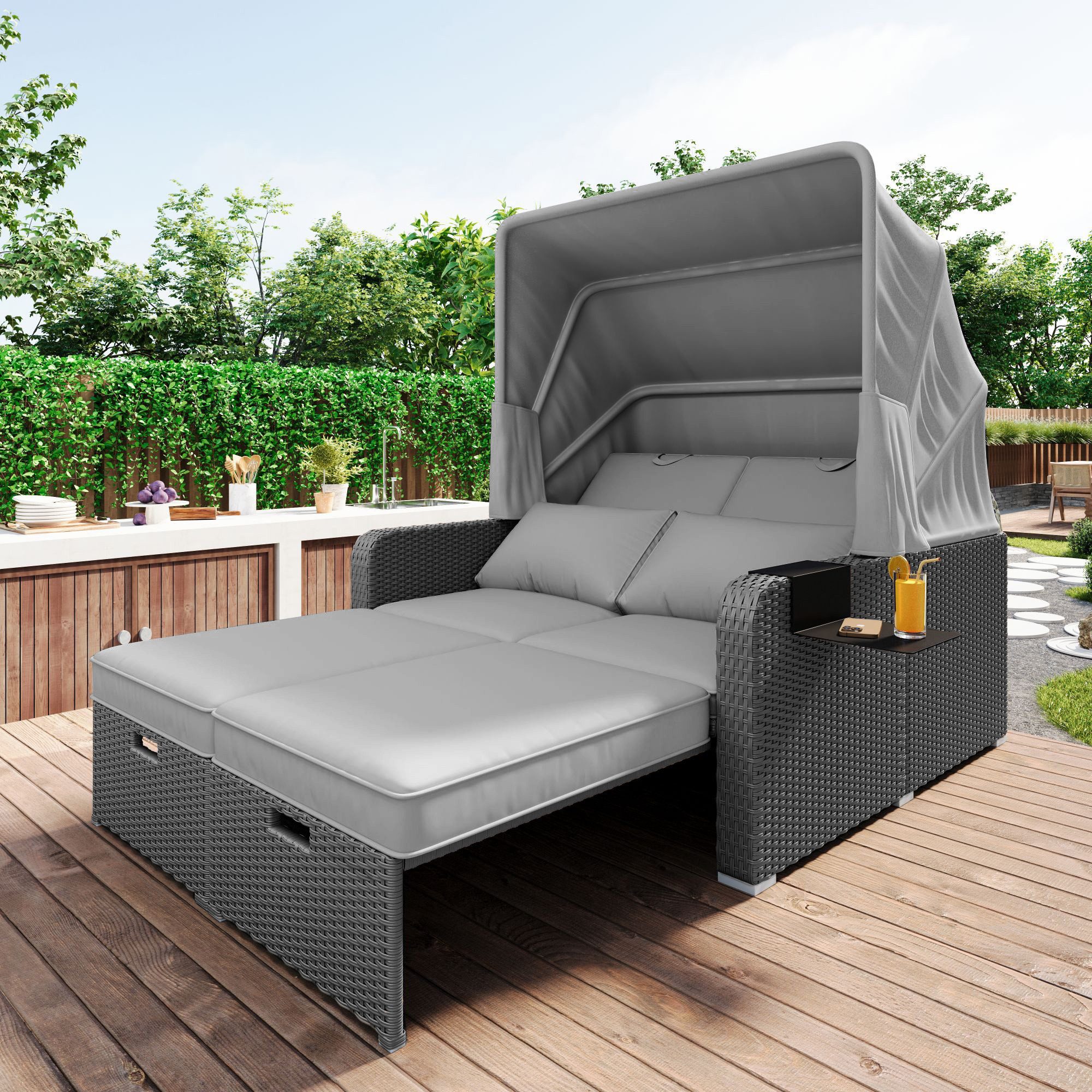 KLAM HOME Gartenlounge-Set Wetterfeste Sonnenliege aus Korbgeflecht mit verstellbarem Baldachin, (2tlg., 1*Doppel-Lounge 2*Kissen), Loungebett für Garten Terrasse Outdoor Balkon Indoor Strand Pool