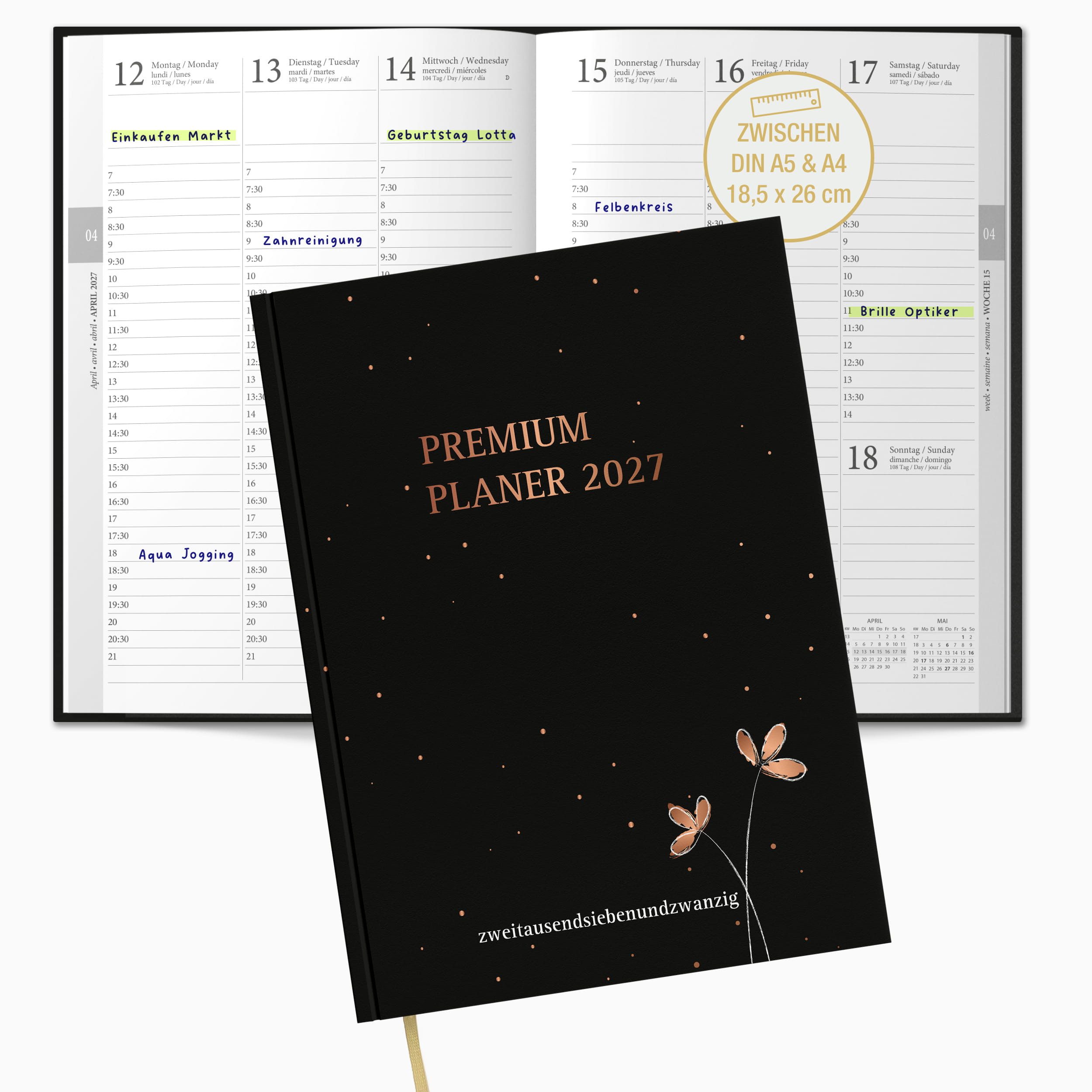 TOBJA Buchkalender Premium Planer 2027 Buchkalender schwarz Roségold OptiPlaner Noir FSC, Roségold-Akzent, 30-Min-Taktung, 18,5x26 cm, FSC, 4-sprachig