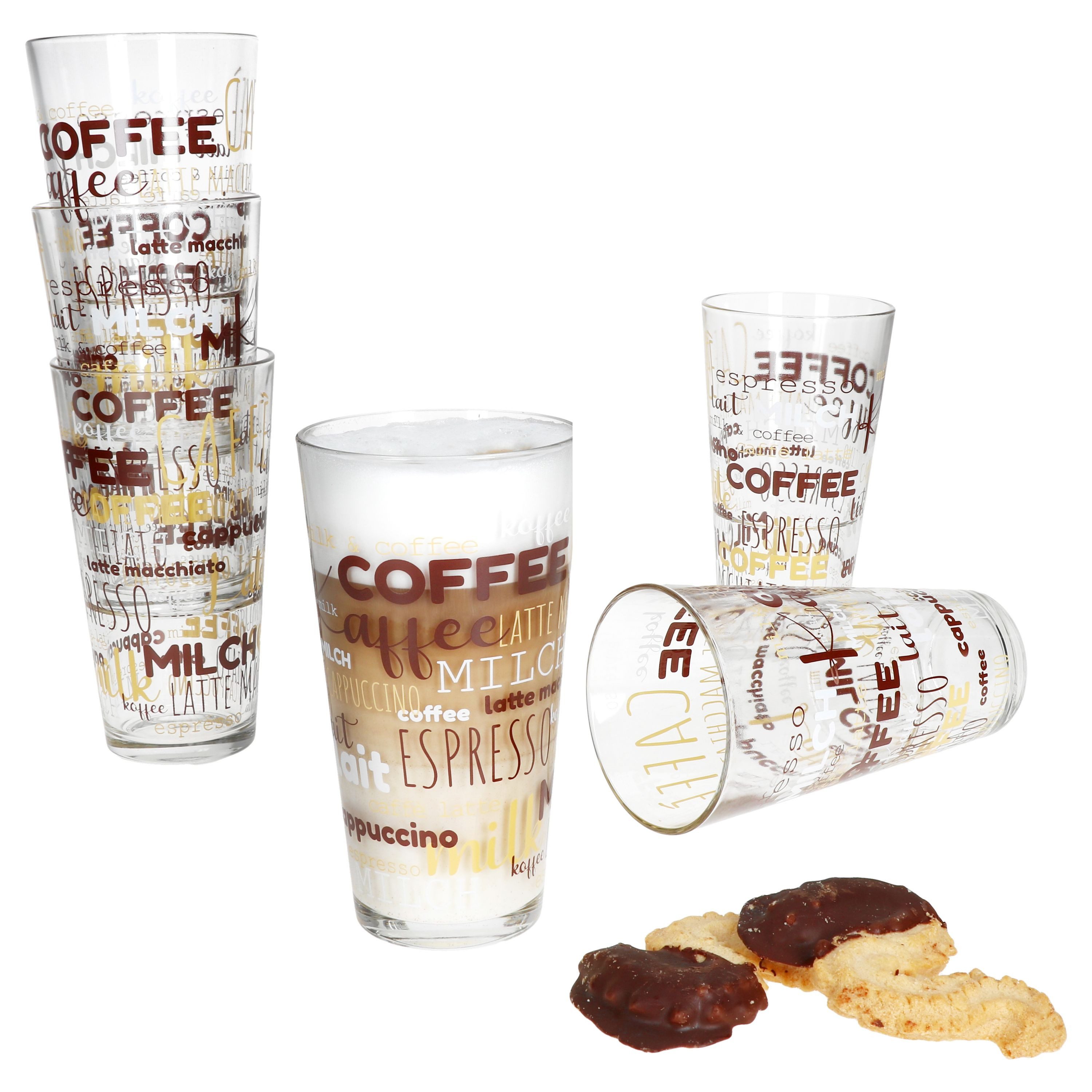 Latte-Macchiato-Glas 6x Candy Latte Macchiato Gläser 380ml Schrift-Dekor stapelbar