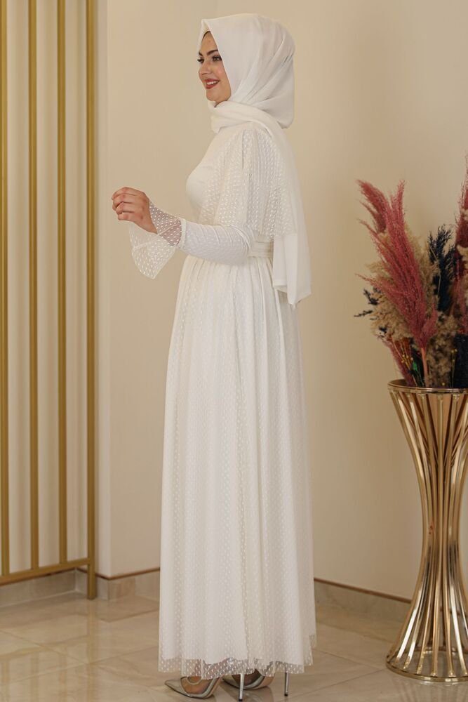 Ecru-Weiß Tüll Kleid Abendkleid Abiye Hijab Modavitrini Abaya gepunktetem aus Tüllkleid