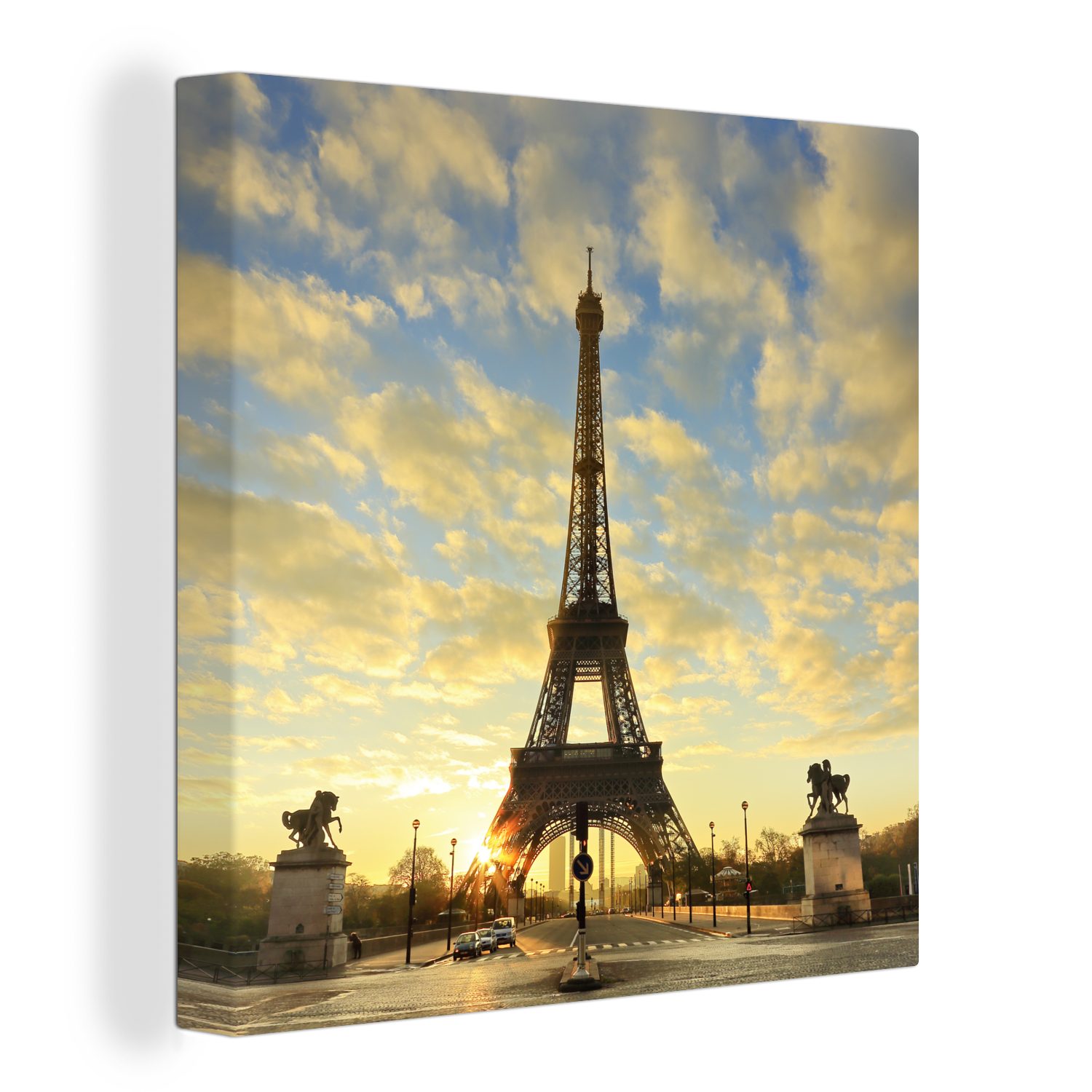OneMillionCanvasses® Leinwandbild Der Eiffelturm mit einem einzigartigen orangefarbenen Himmel aufgrund, (1 St), Leinwand Bilder für Wohnzimmer Schlafzimmer