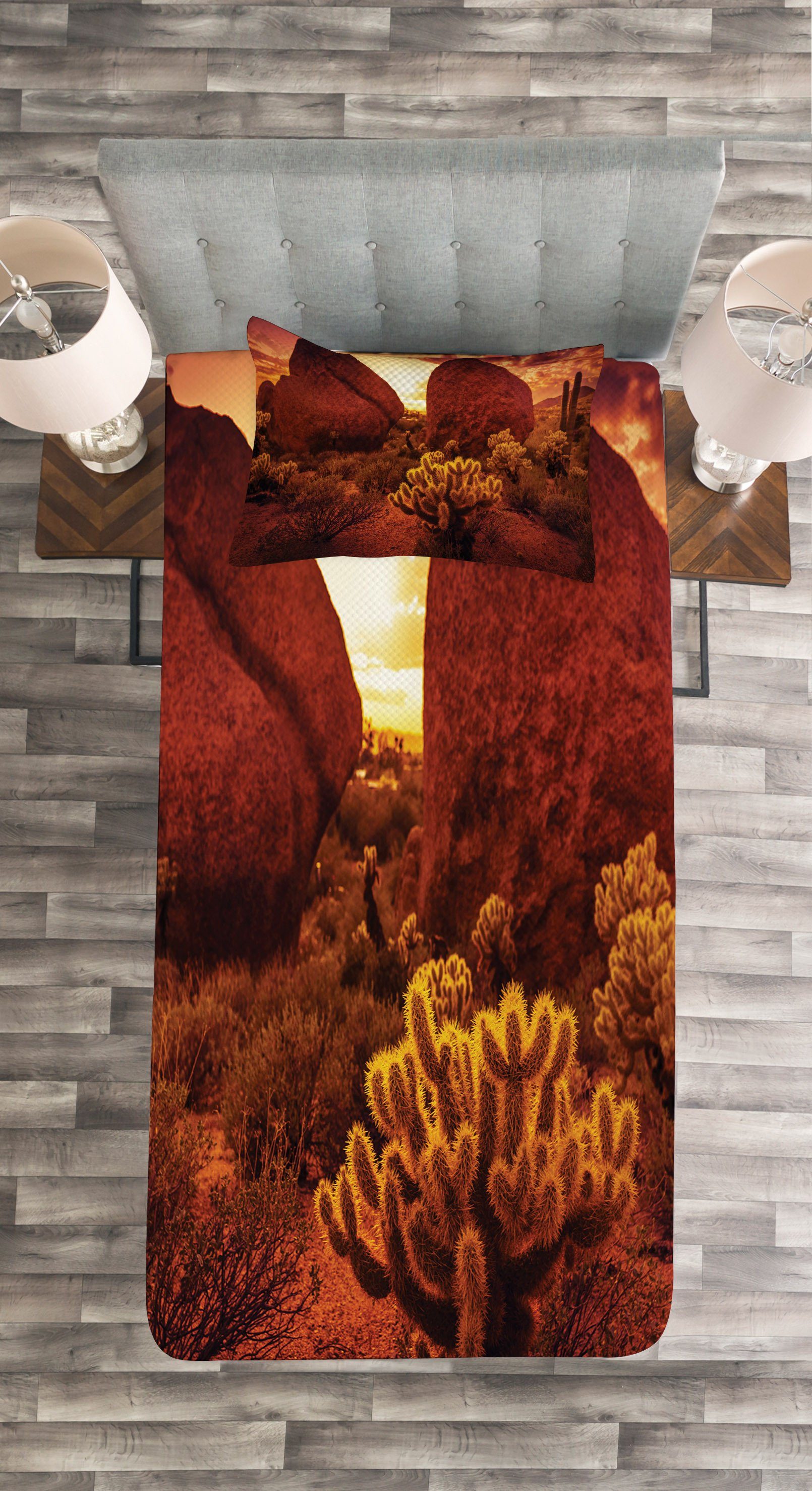 Waschbar, Kaktus-Felsen Set rot Abakuhaus, Wüstenlandschaft Tagesdecke mit Kissenbezügen