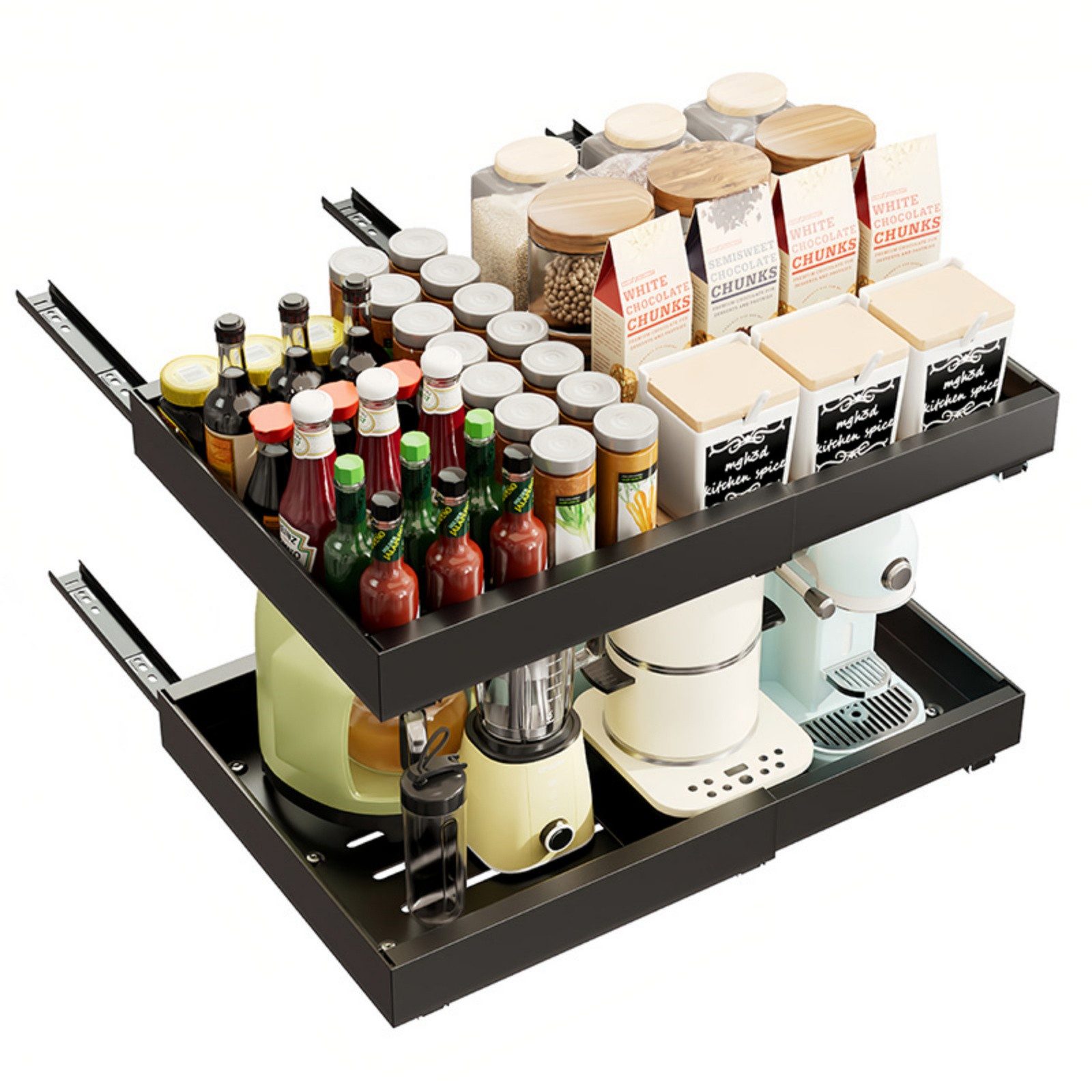 PFCTART Küchenorganizer-Set Küchenschrank Organizer aus Kohlenstoffstahl–Vorratsorganizer & Auszug, (Set, 2-tlg., Für Küche, Bad & Vorrat – Platzsparender Schrankorganizer), Breitenverstellbar 32–52 cm – Teleskopschublade ohne Bohren