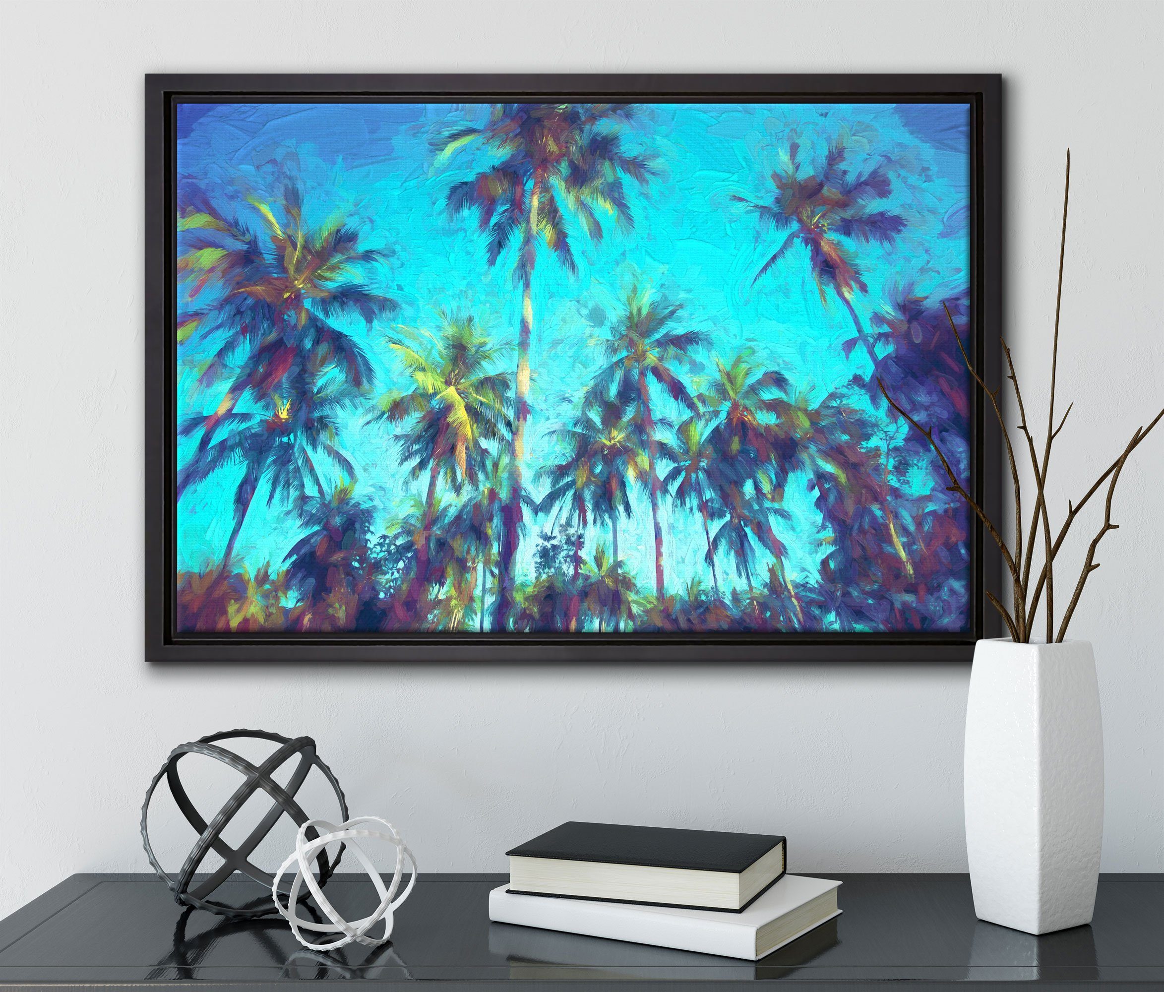 Pixxprint Leinwandbild Tropische Palmen Kunst, Leinwandbild einem bespannt, St), (1 gefasst, Wanddekoration fertig in Schattenfugen-Bilderrahmen inkl. Zackenaufhänger