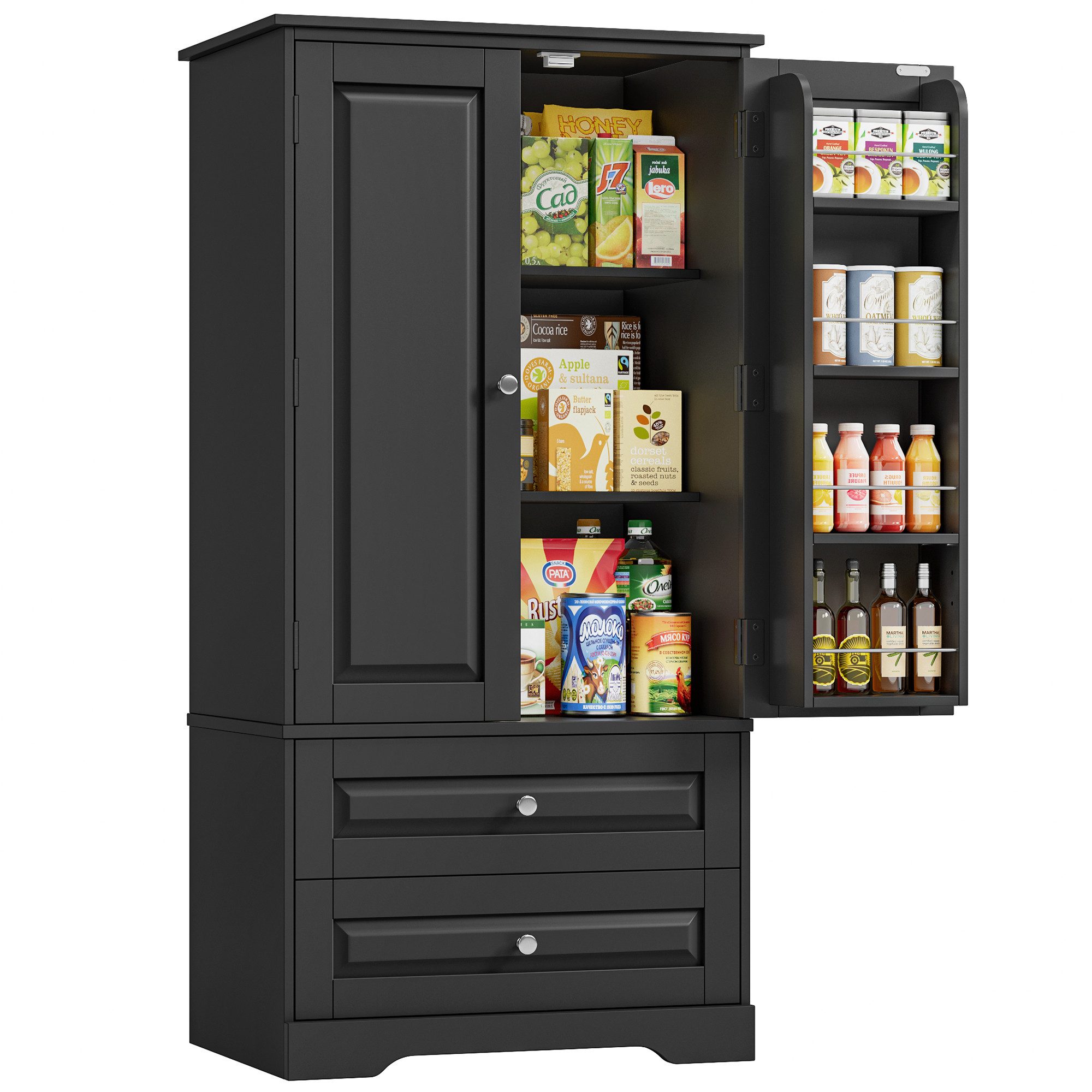 Homfa Mehrzweckschrank Küchenschrank Vorratsschrank Buffetschrank Speiseschrank mit 8 Türregalen, 2 Schubladen, 60x40x120cm