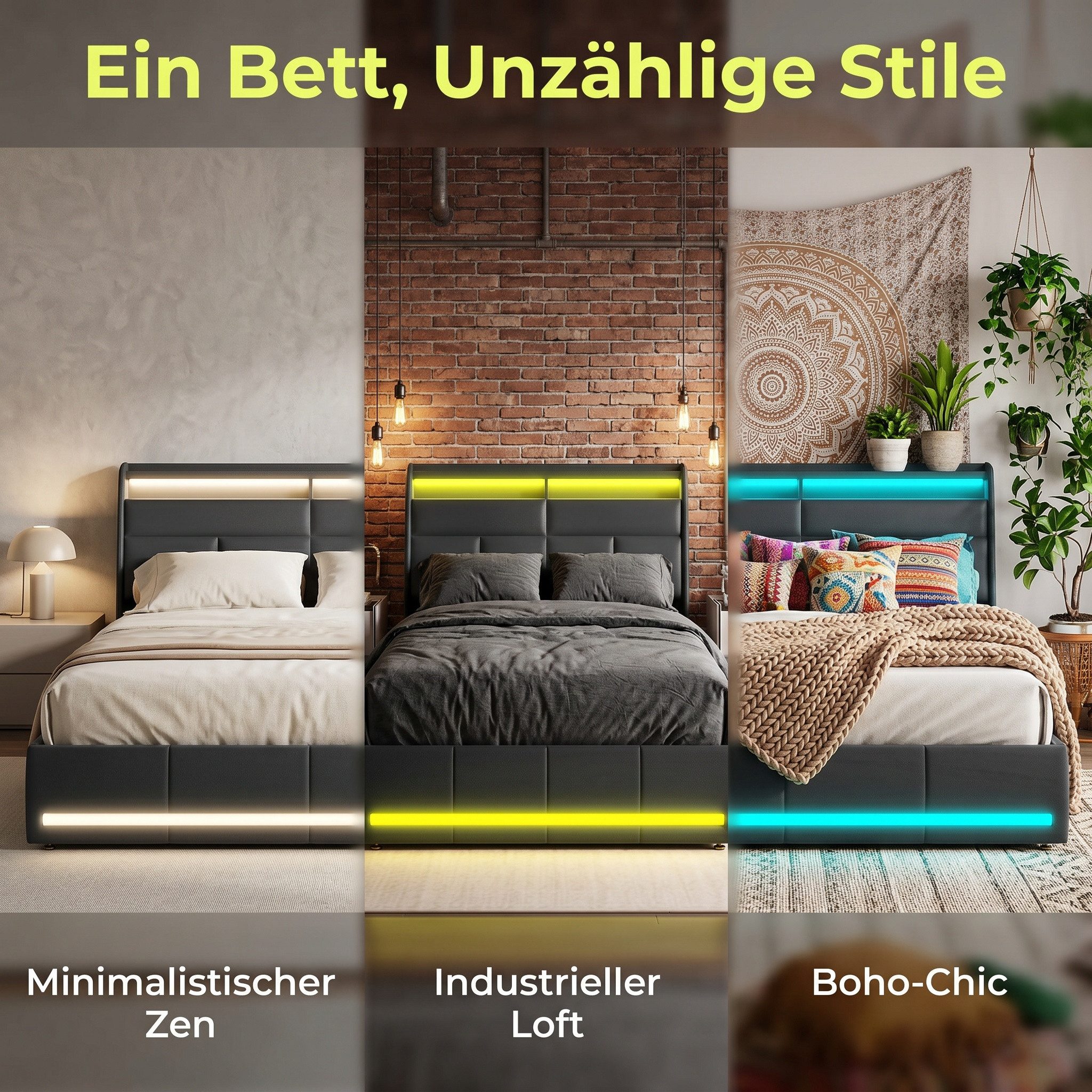 PXloue Stauraumbett Polsterbett Doppelbett, mit LED-Beleuchtung und verstecktem Stauraum,140x200 cm