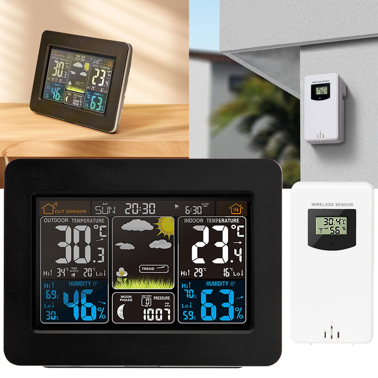 Casativo Funk-Wetterstation mit Farbdisplay Barometer Sensor DCF-Uhr & Wecke Funkwetterstation (Thermometer, Barometer, Hygrometer, Wecker & 60m Außensensor)