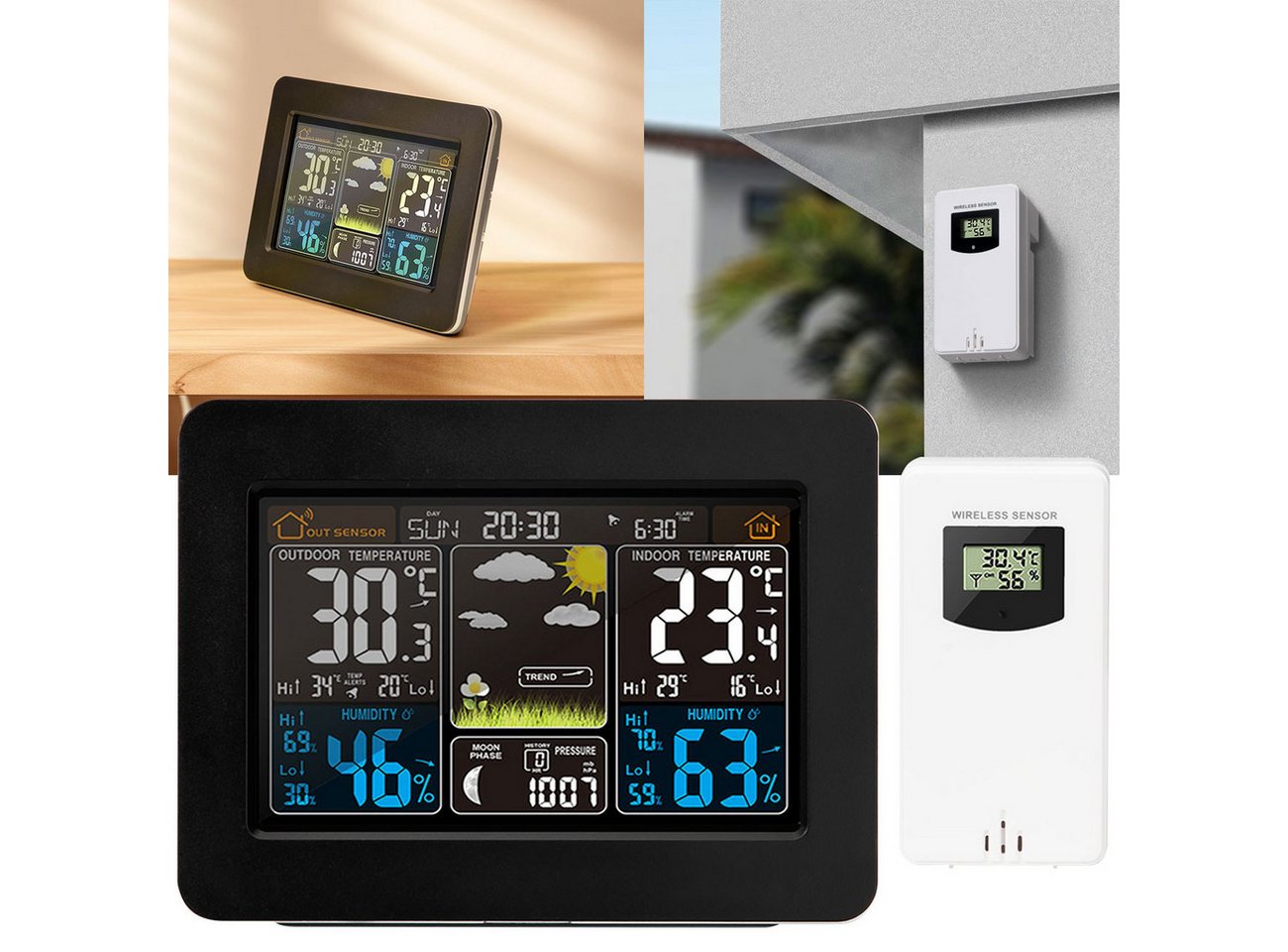 Casativo Funk-Wetterstation mit Farbdisplay Barometer Sensor Uhr & Wecke Funkwetterstation (Thermometer, Barometer, Hygrometer, Wecker & 60m Außensensor)