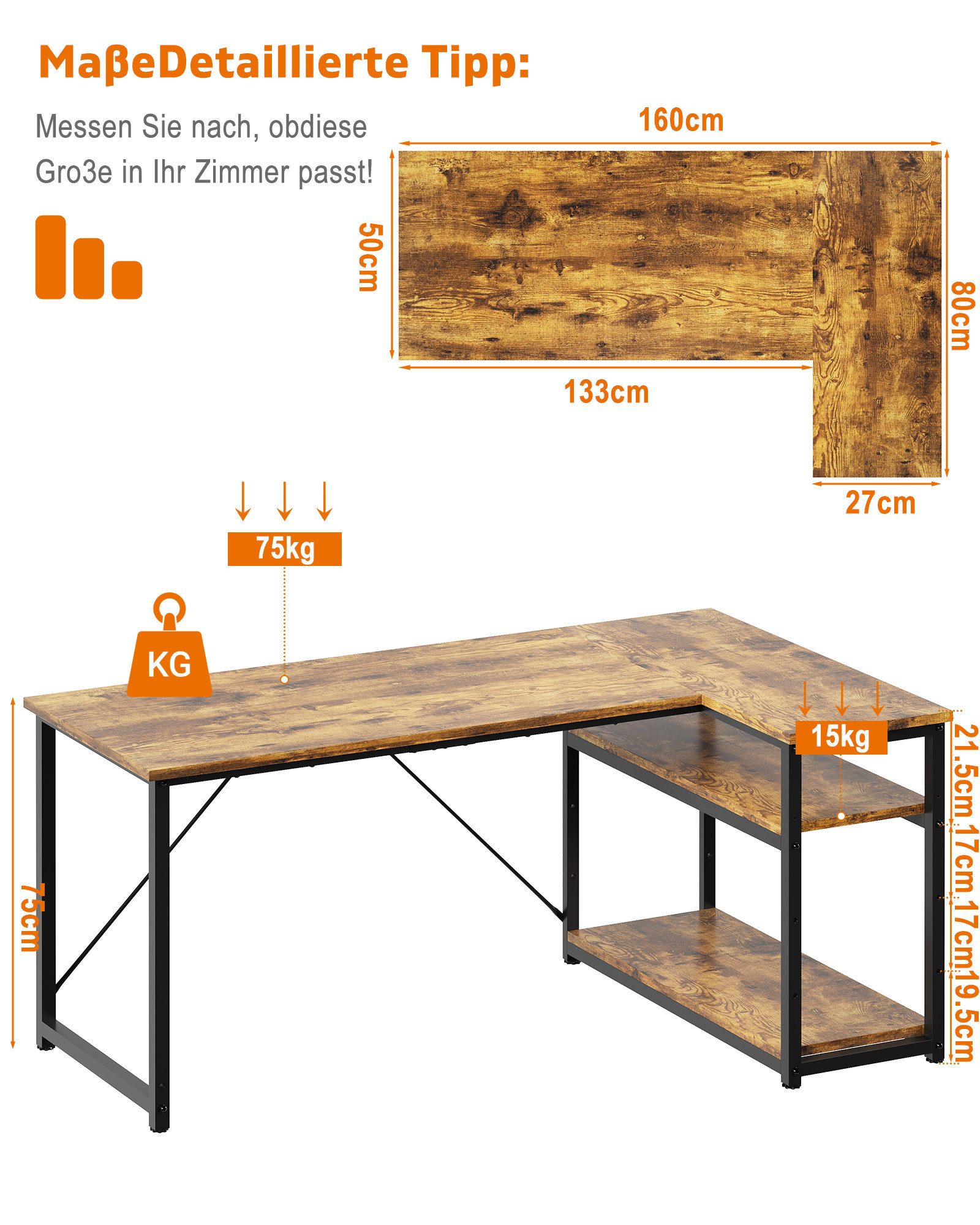 HOMALL Eckschreibtisch 100/120L Form mit Ablagefächern, 2 Tier DIY Lagerregalen Computertisch (L-formiger Schreibtischumit Regal,100/120/140/160cm,Geeignet fur Burotisch, Arbeitszimmer, Schlafzimmer), Schreibtisch,PC Tisch,Heimbüro