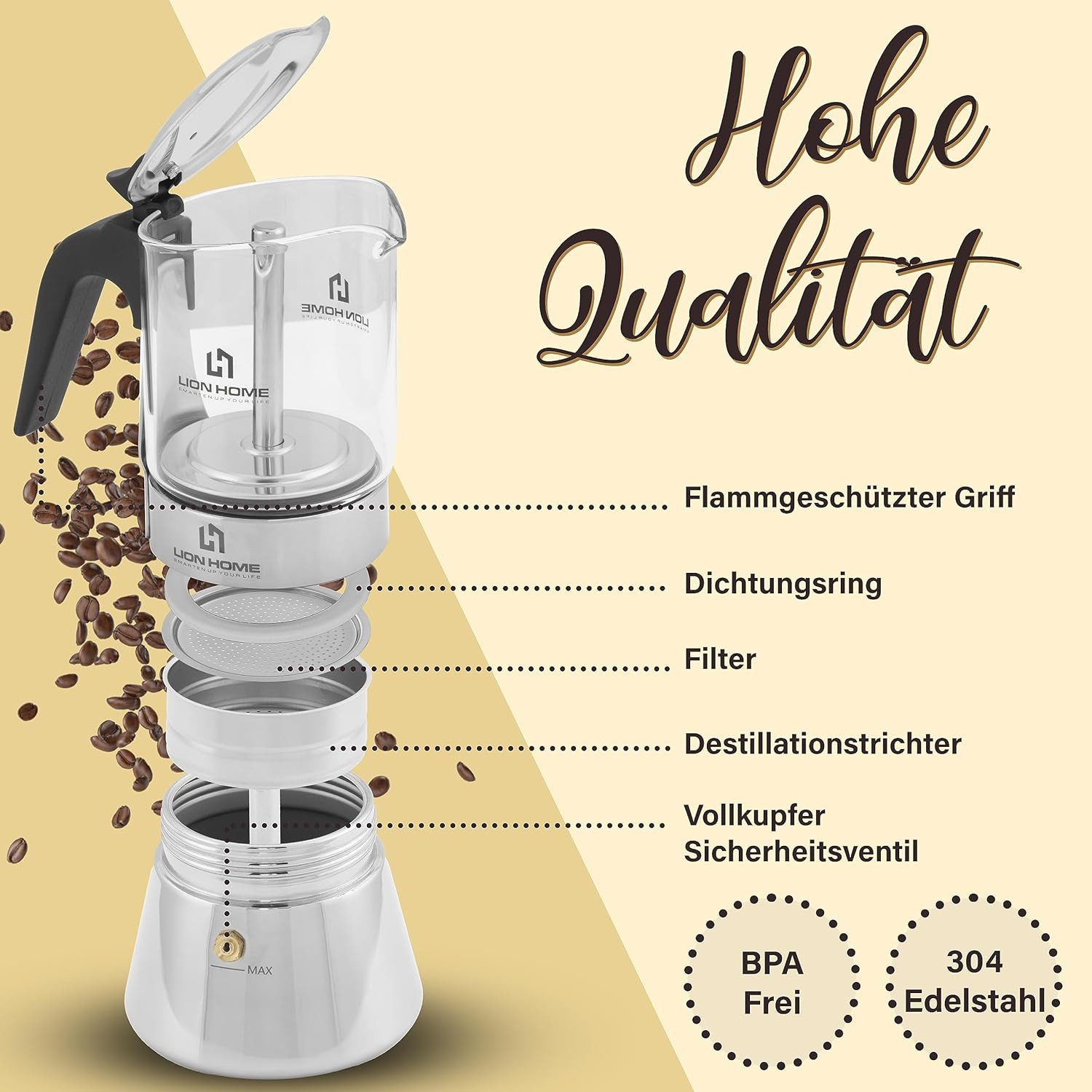 Lion Home Espressokocher, Inkl. Kork-Untersetzer, leicht zu reinigen elegantes Design