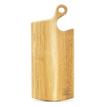 WoodFriends Schneidebrett aus Eiche Massivholz 38x19x2 cm mit Griff Servierbrett für Küche, Geschenk für Grillmeister Koch Grillbrett