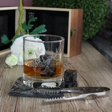 440s Whiskyglas Selbrae House 7-tlg Whisky Drink-Set, Motiv: Hirsch in Echt-Holz, Schiefer/Glas/Metall/Stein/Holz