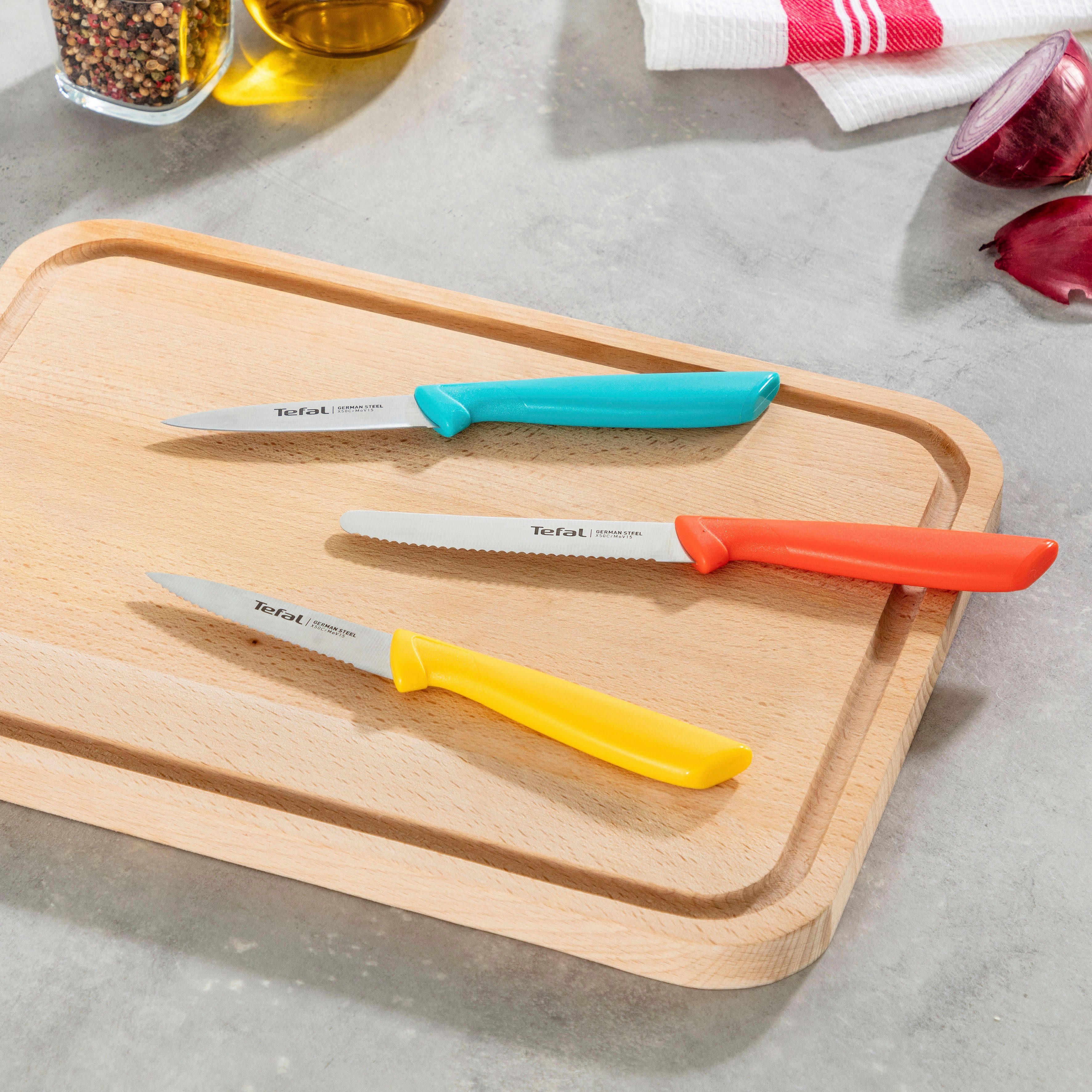 Tefal Messer-Set Colorfood für alle täglichen Vorbereitungen (Set, 3-tlg., Universalmesser (10 cm), Schälmesser (8 cm), Schälmesser (8 cm), deutscher Edelstahl, rostfrei, leicht strukturierte Griffe, K2733S