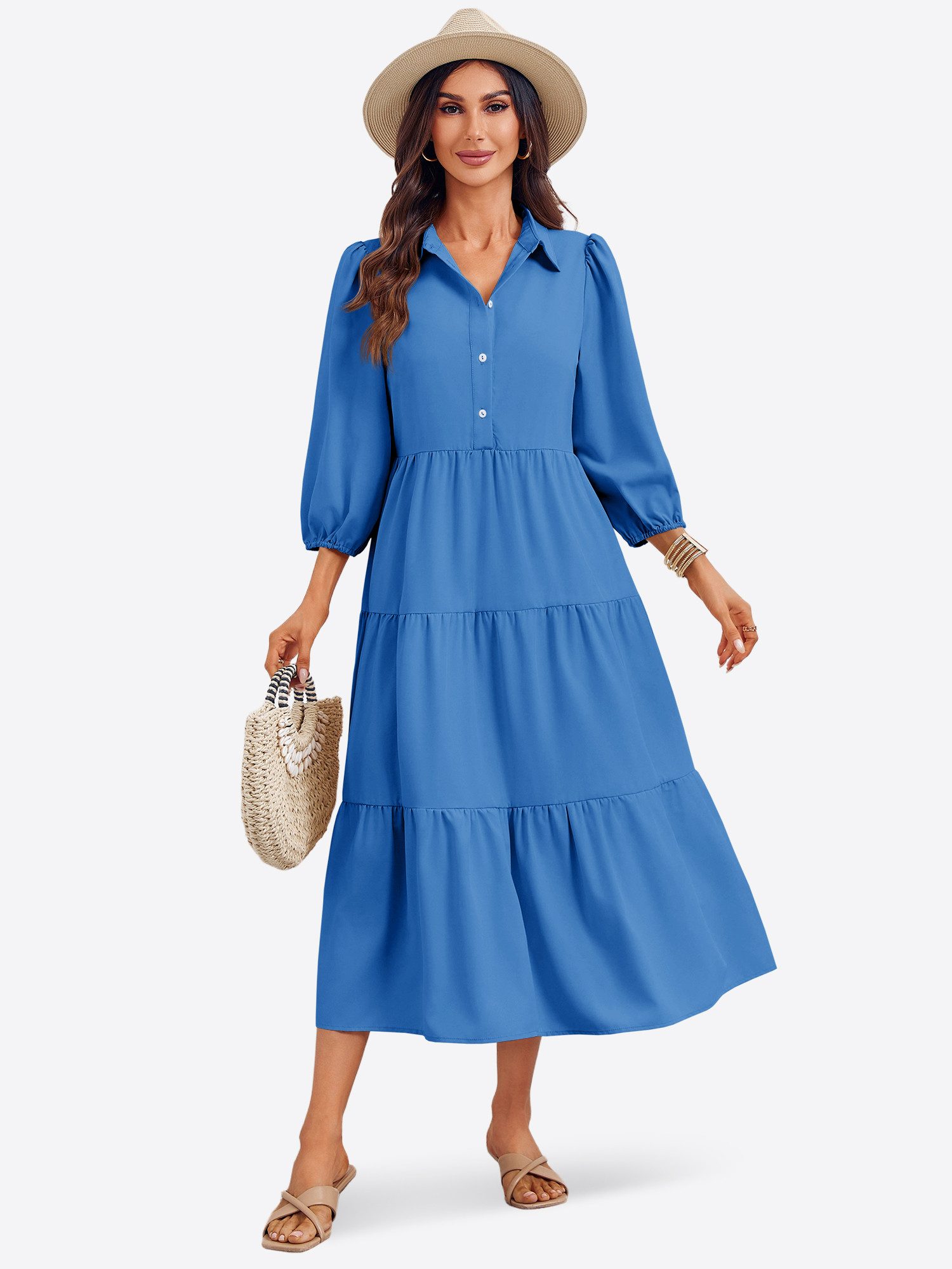 Imily Bela Blusenkleid Damen 3/4-Ärmel Hemdkleid (Packung, 1-tlg., 1per-Pack) mit Knöpfen – Bild 3 von 5