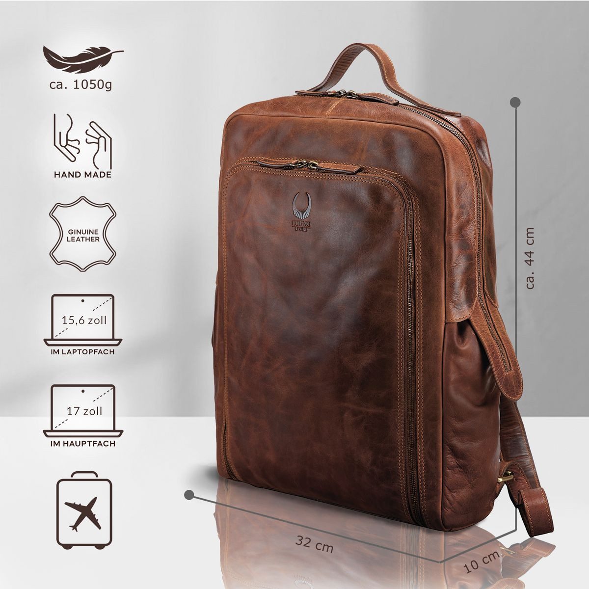 Corno d´Oro Freizeitrucksack Handmade Rucksack Herren Leder Lederrucksack Damen Groß, vintage braun, für 15,6 /17 Zoll Laptop, mit Organizerfach