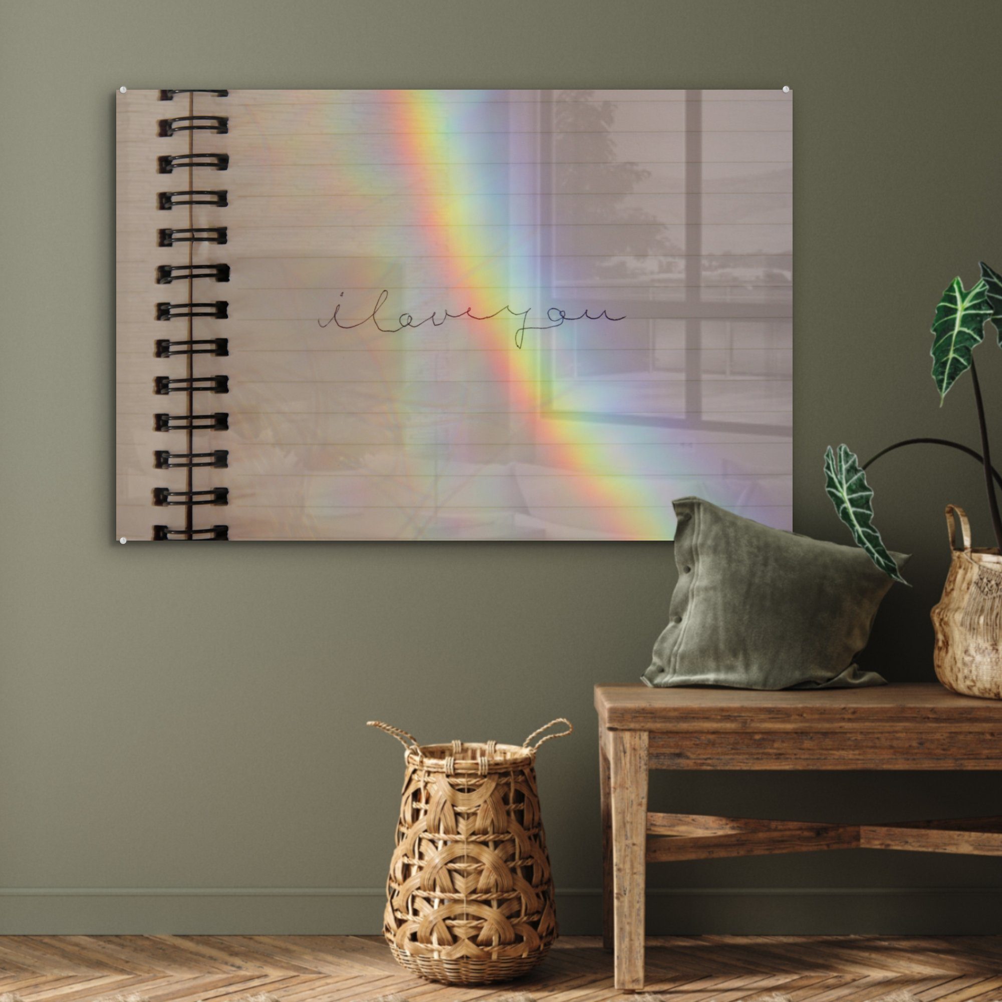 MuchoWow Acrylglasbild Ich liebe dich einem Acrylglasbilder mit Regenbogen, in Wohnzimmer Notizbuch (1 & einem St), Schlafzimmer