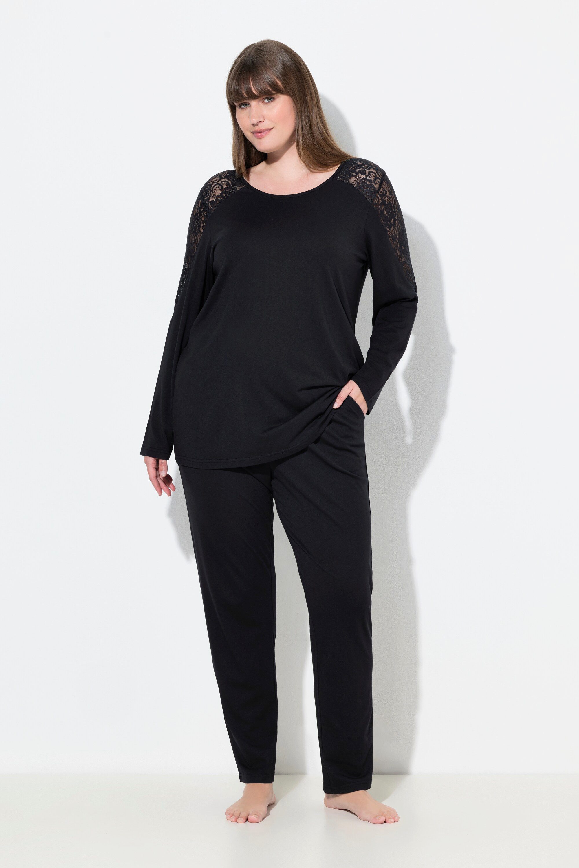 Ulla Popken Pyjama Pyjama Spitze Rundhals Langarm Modalmix