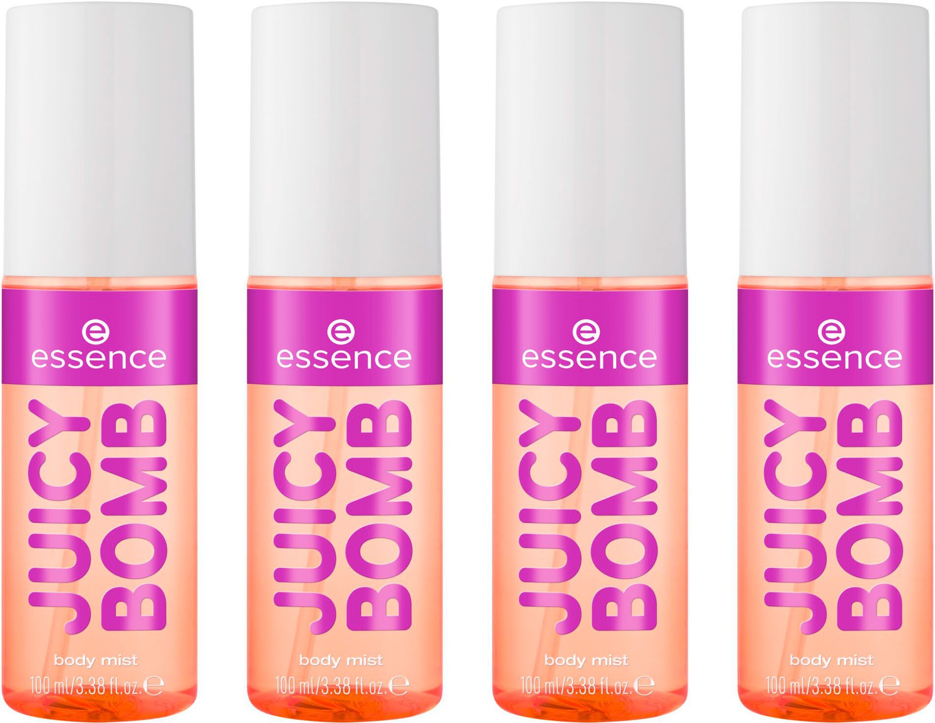 Essence Körperspray JUICY BOMB PARTY body mist 01, 4-tlg., Reisefreundliches Flakon, hält den ganzen Tag, riecht fruchtig-blumig.