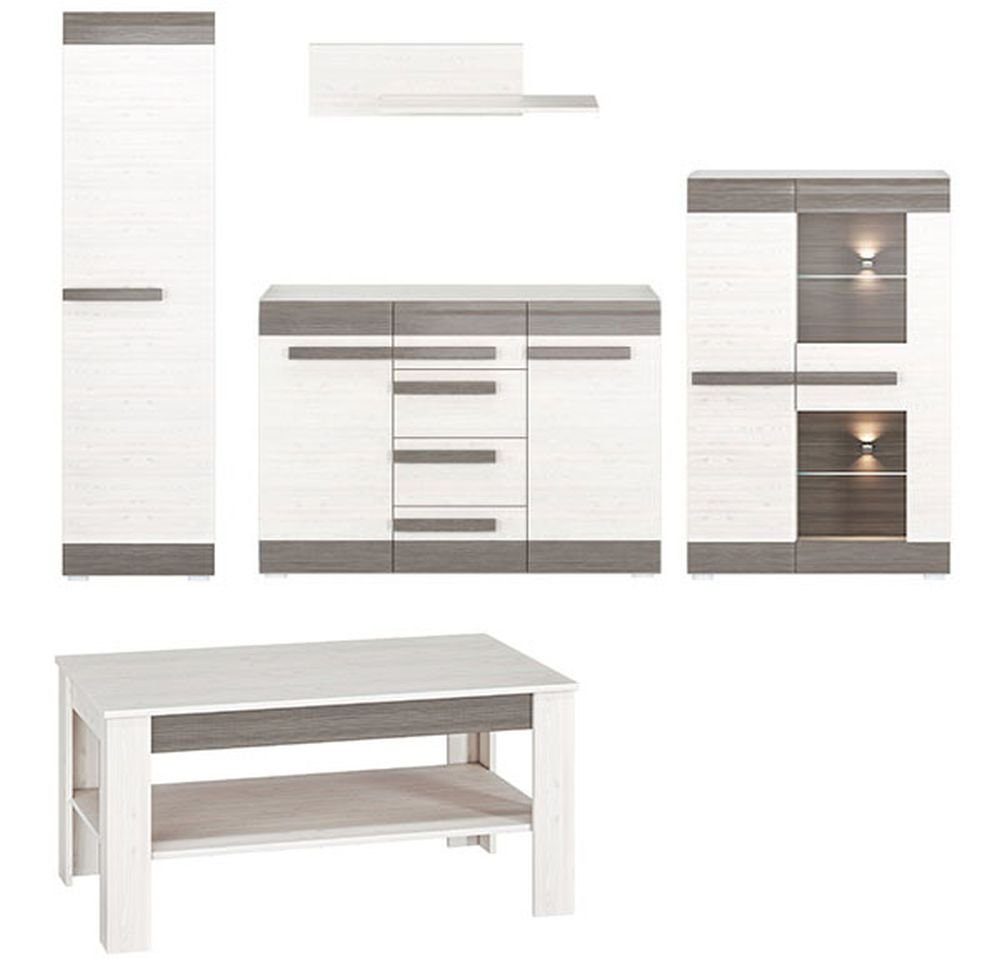 1 Kommode Feldmann-Wohnen 1 - Blanco, - - Couchtisch) Wandregal 1 1 (Set, - 1 Wohnzimmer-Set Stauraumschrank Highboard