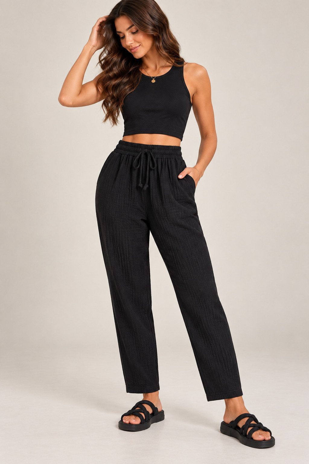 WENOR Stoffhose Damen Musselin Hose Baumwolle Tapered Sommerhose