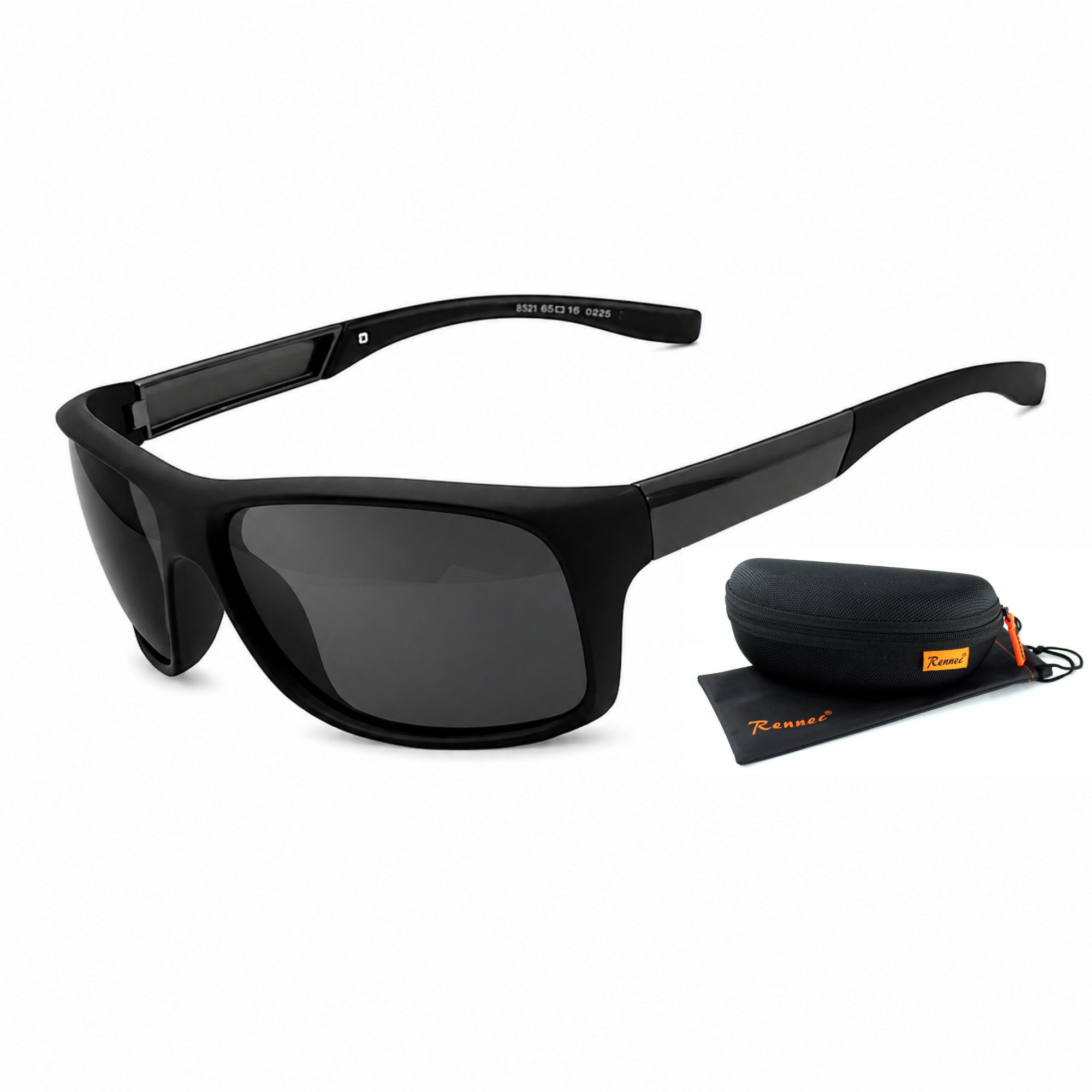 Rennec Sonnenbrille Herren Matt Schwarz Polarisiert UV400 Bikerbrille Angelbrille Sportbrille mit Hardcase Gläser Schwarz Getönt