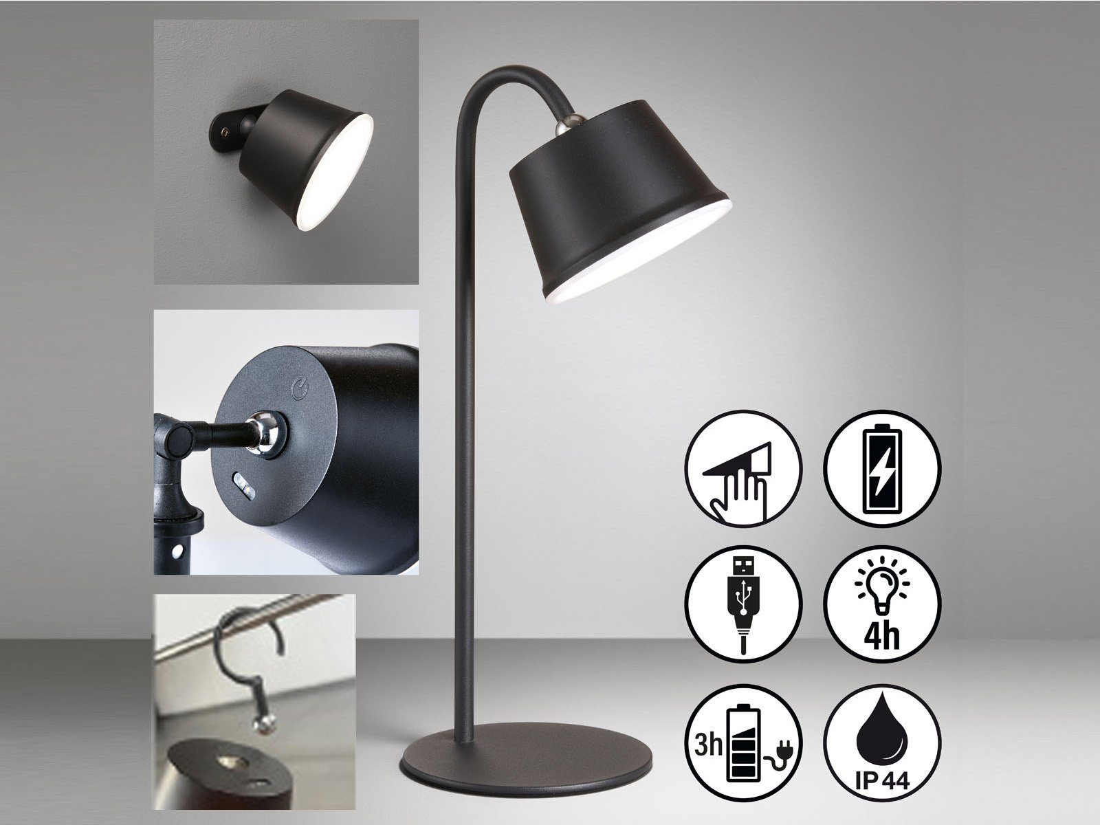 easy! BY FHL LED Außen-Tischleuchte, USB-Ladefunktion, LED fest integriert, Warmweiß, 2er SET kabellose 3in1 Outdoor Lampen für Nachttisch Wandmontage Decke
