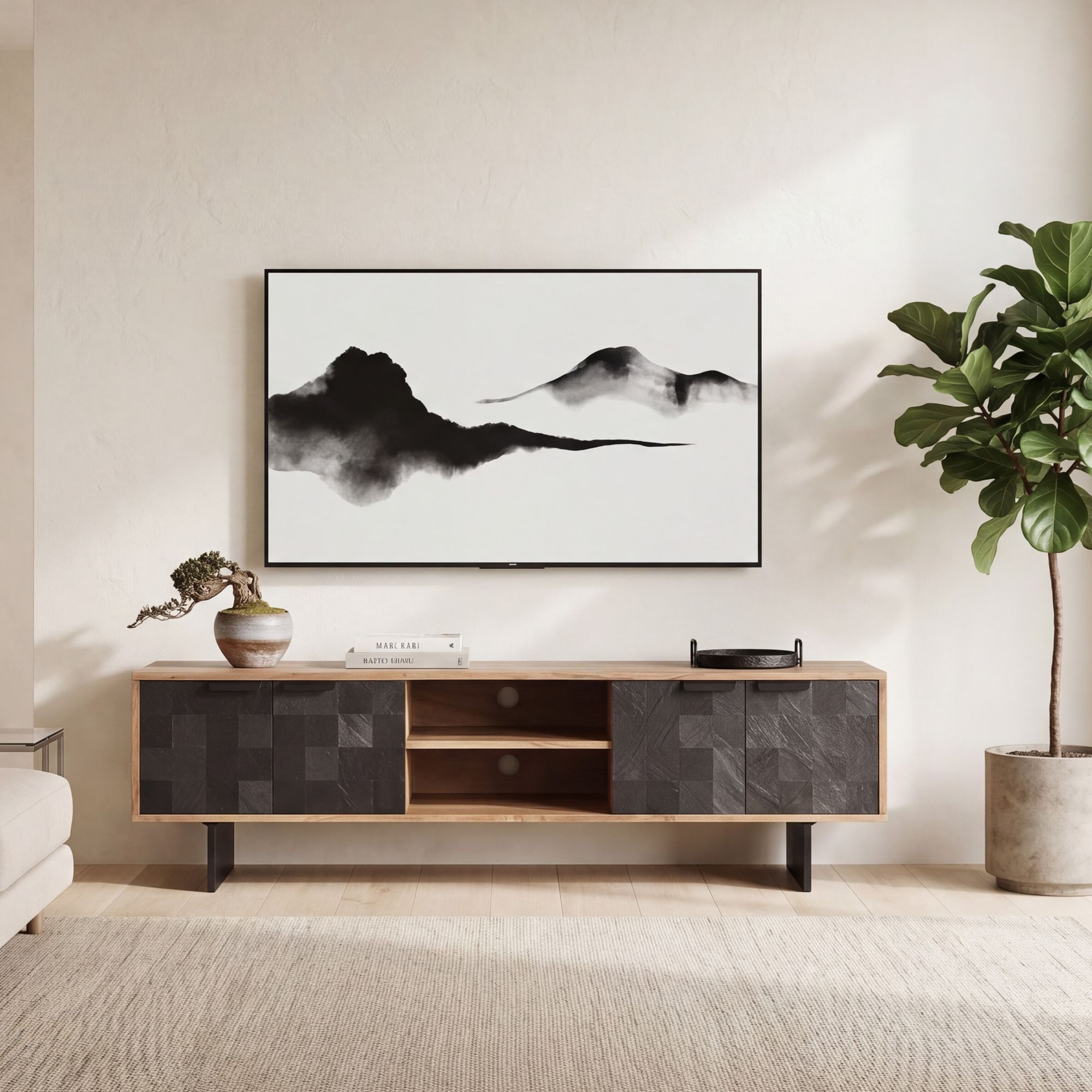 FINEBUY Lowboard FB111631 TV Board Akazie Massivholz 150 cm mit Steinoptik Fronten Groß (vier Türen, 150 cm, Akazie Massivholz Steinoptik), TV-Schrank Industrial Fernsehtisch, TV-Kommode