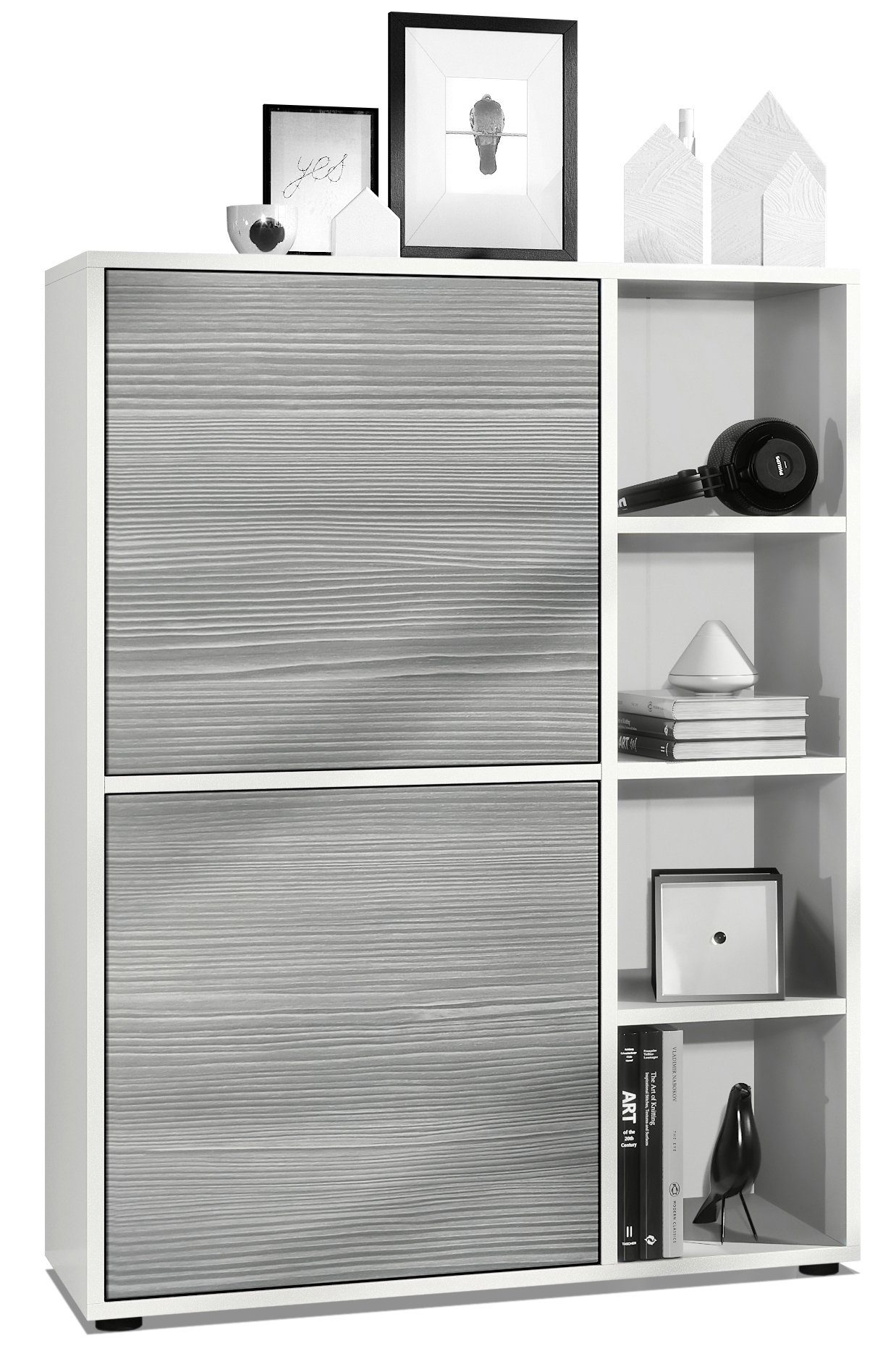 Vladon Highboard Cuba (Anrichte, mit 2 Türen und 4 offene Fächer), Weiß matt/Avola-Anthrazit (79 x 105,5 x 35,5 cm)