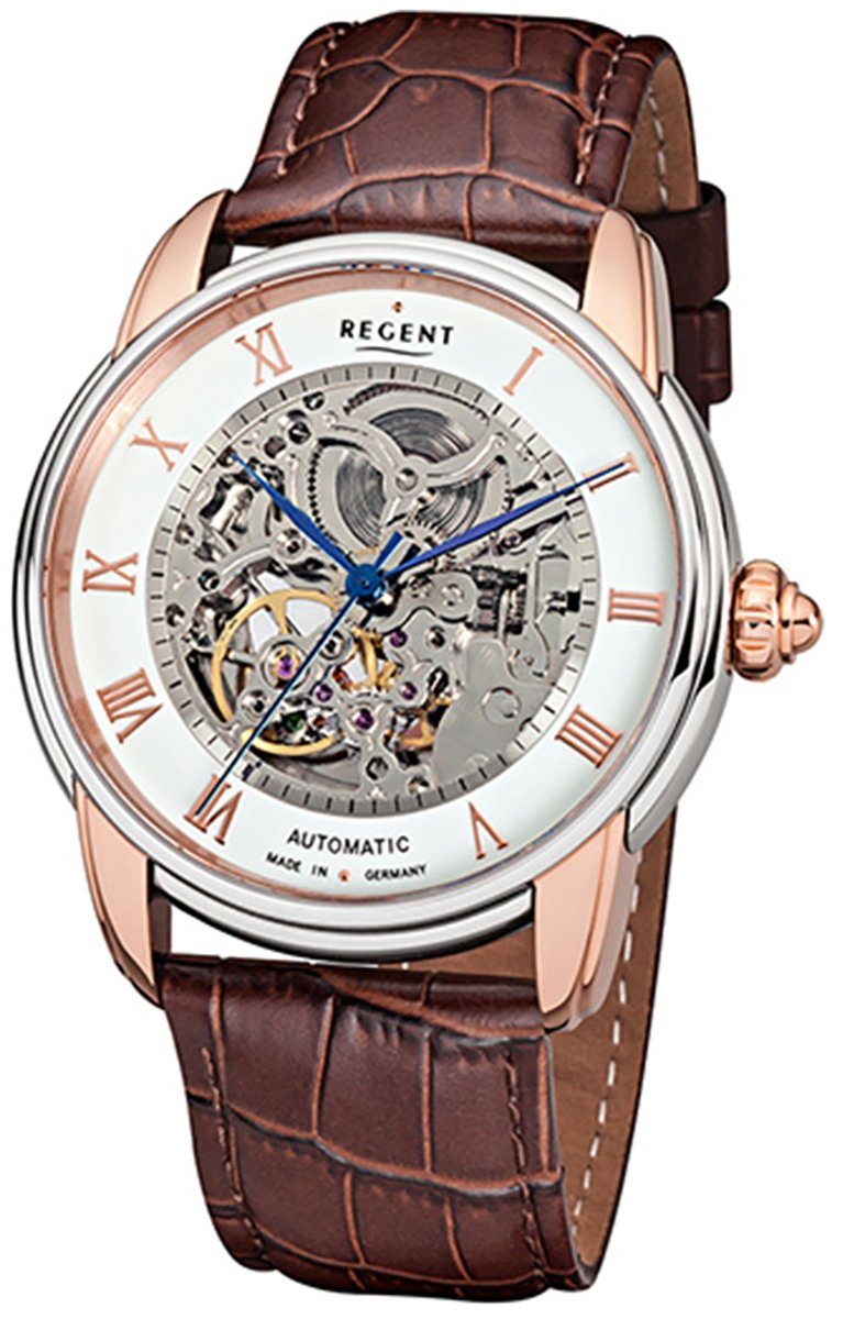Regent Quarzuhr Regent Automatik Herren Uhr GM-1462 Leder, (Analoguhr), Herren  Armbanduhr rund, groß (ca. 42mm), Edelstahl, Elegant