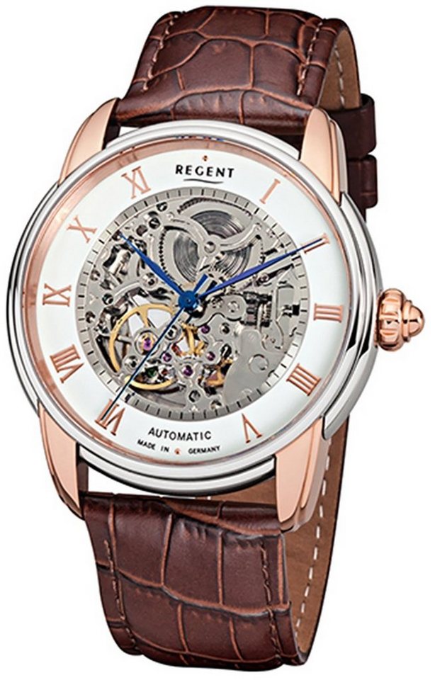 Regent Quarzuhr Regent Automatik Herren Uhr GM-1462 Leder, Herren Armbanduhr  rund, groß (ca. 42mm), Lederarmband, Made in Germany mit Gehäuseboden aus  Mineralglas und Skelettwerk