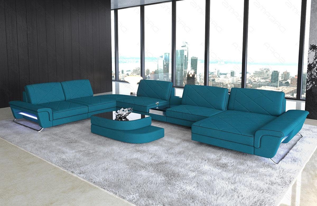 Sofa Dreams Wohnlandschaft Stoff Sofa Polster Couch Bari XXL U Form Polstersofa, mit LED, Stauraum, USB_Anschluss, Designersofa C132 Azzurro-Schwarz