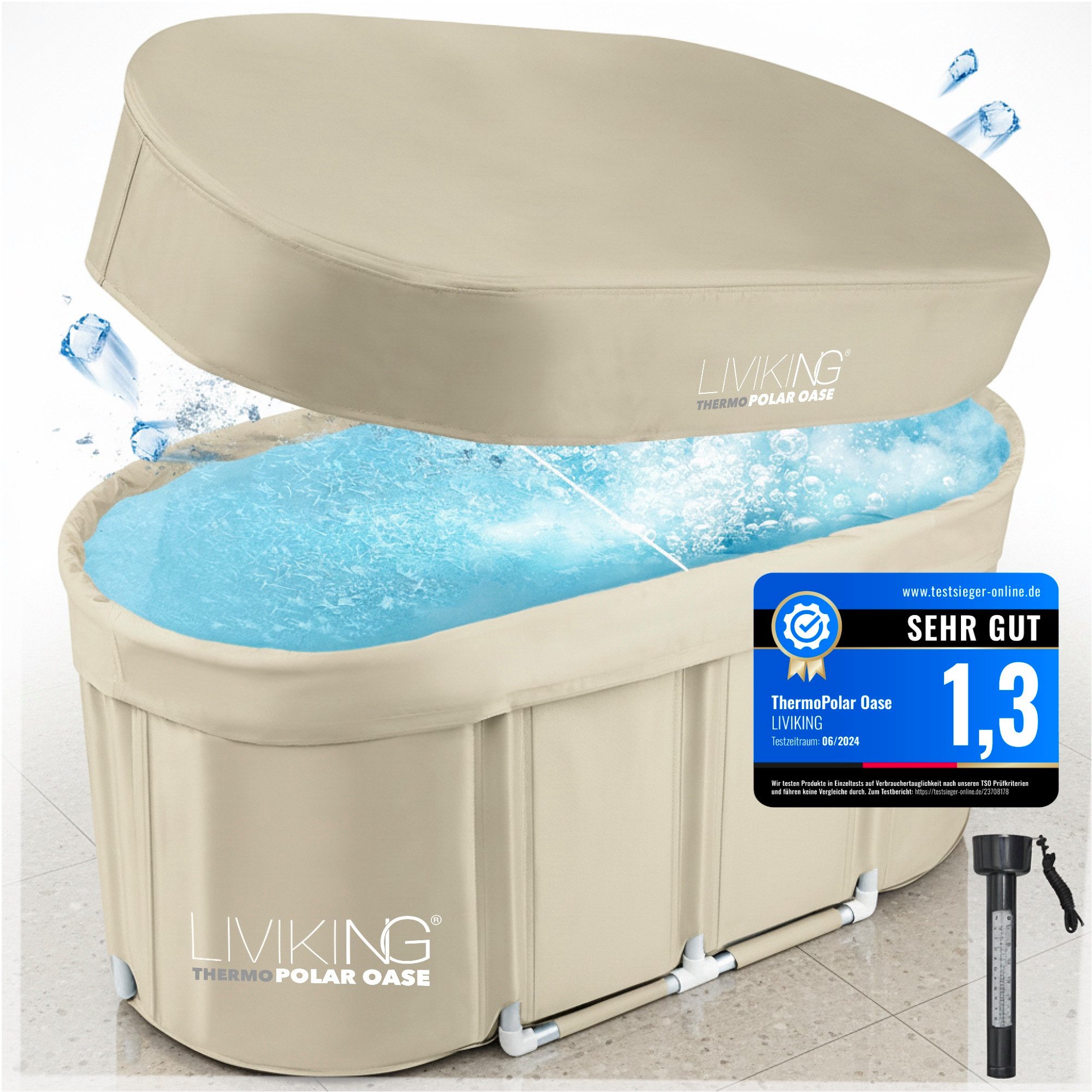 LIVIKING® Badewanne faltbar & Eisbad - 120cm KOMFORT - mobile Outdoor Badewanne Erwachsene, (KOMPLETTSET ThermoPolar Oase - ovale Sport Eistonne), ThermoPolar Isolierung, SolidShape Rahmen, Balkon Mini Pool Eisfass