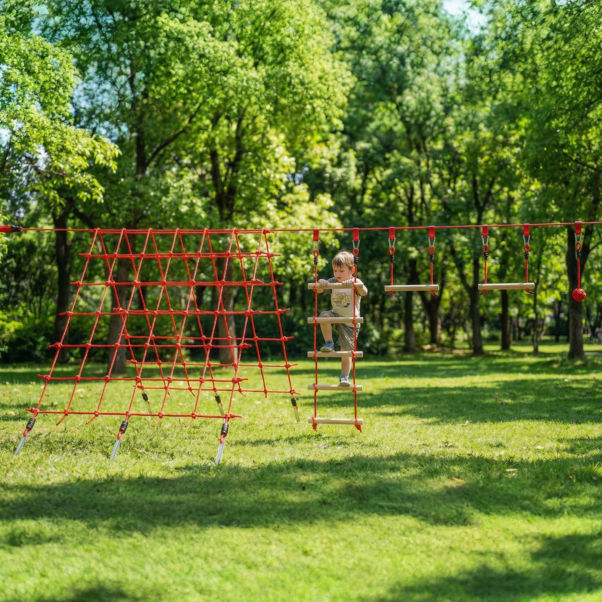 AIYAPLAY Slackline Ninja Line Kinder mit Turnringe, Schaukel, Kletterleiter, Kletternetz, für 3-6 Jahre Kinder Rot