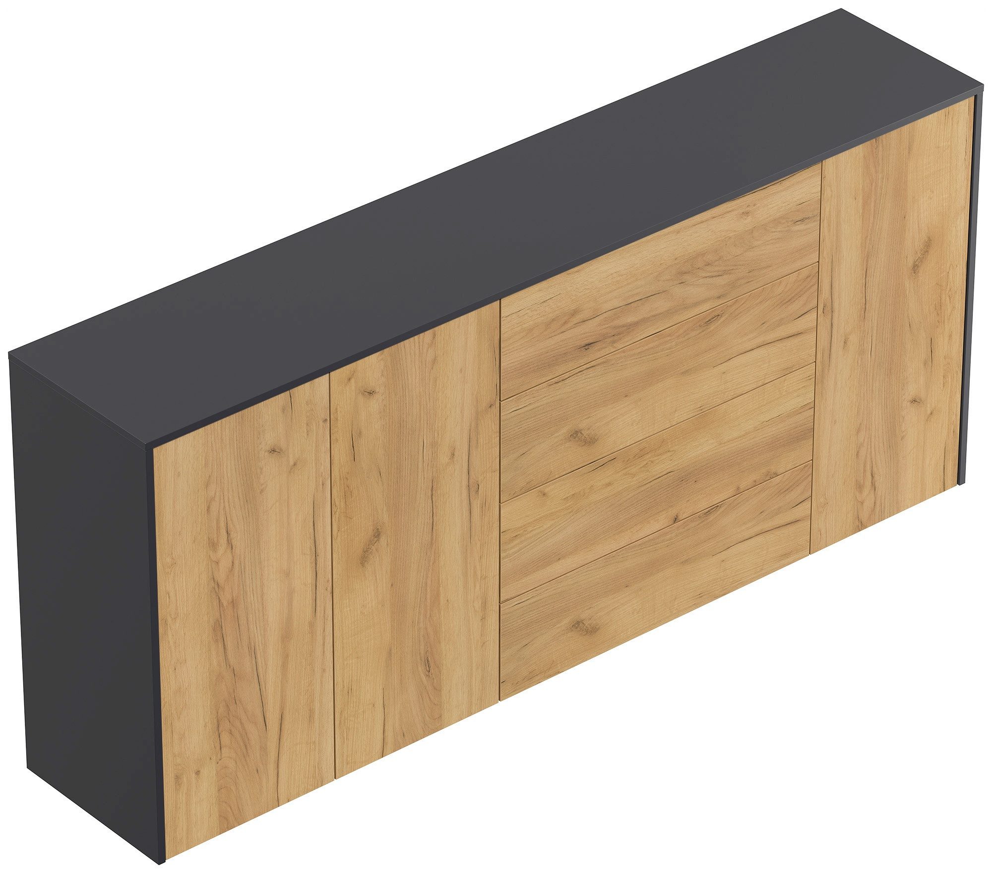 Magnolia Home Kommode Sideboard Impulse 200cm 3 Türen 4 Pushauszüg Grafit Eiche