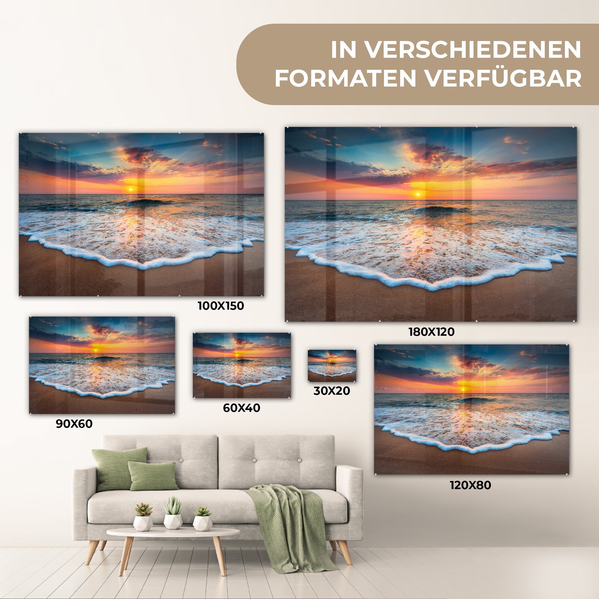 - Strand Wandbild Glasbilder Bilder St), Glas Sonnenuntergang, (1 - Glas Wanddekoration MuchoWow Acrylglasbild - Meer - auf Foto auf -