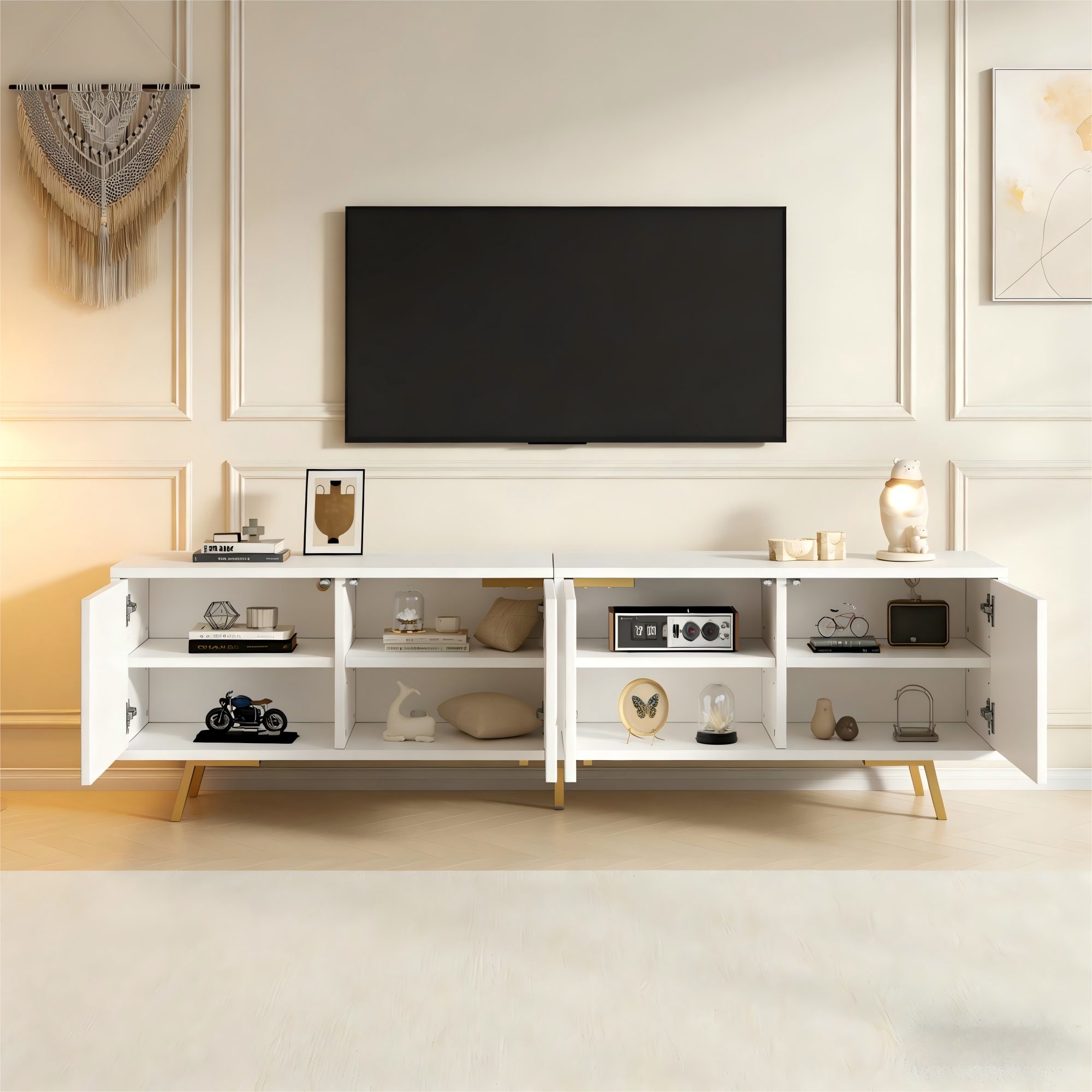 Merax Lowboard mit goldenen Akzenten (1 St), TV-Schrank mit 4 Türen, viel Stauraum & Metallbeinen, 190x40x51,5cm