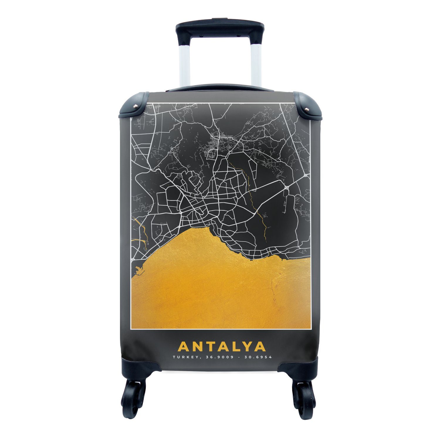 MuchoWow Handgepäckkoffer Antalya - Stadtplan - Gold - Karte, 4 Rollen, Reisetasche mit rollen, Handgepäck für Ferien, Trolley, Reisekoffer