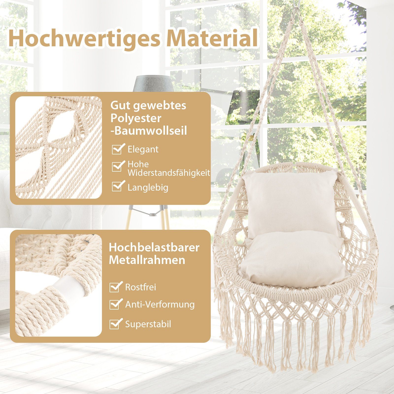 COSTWAY Hängesessel, Hängestuhl mit 2 Kissen, bis 150 kg