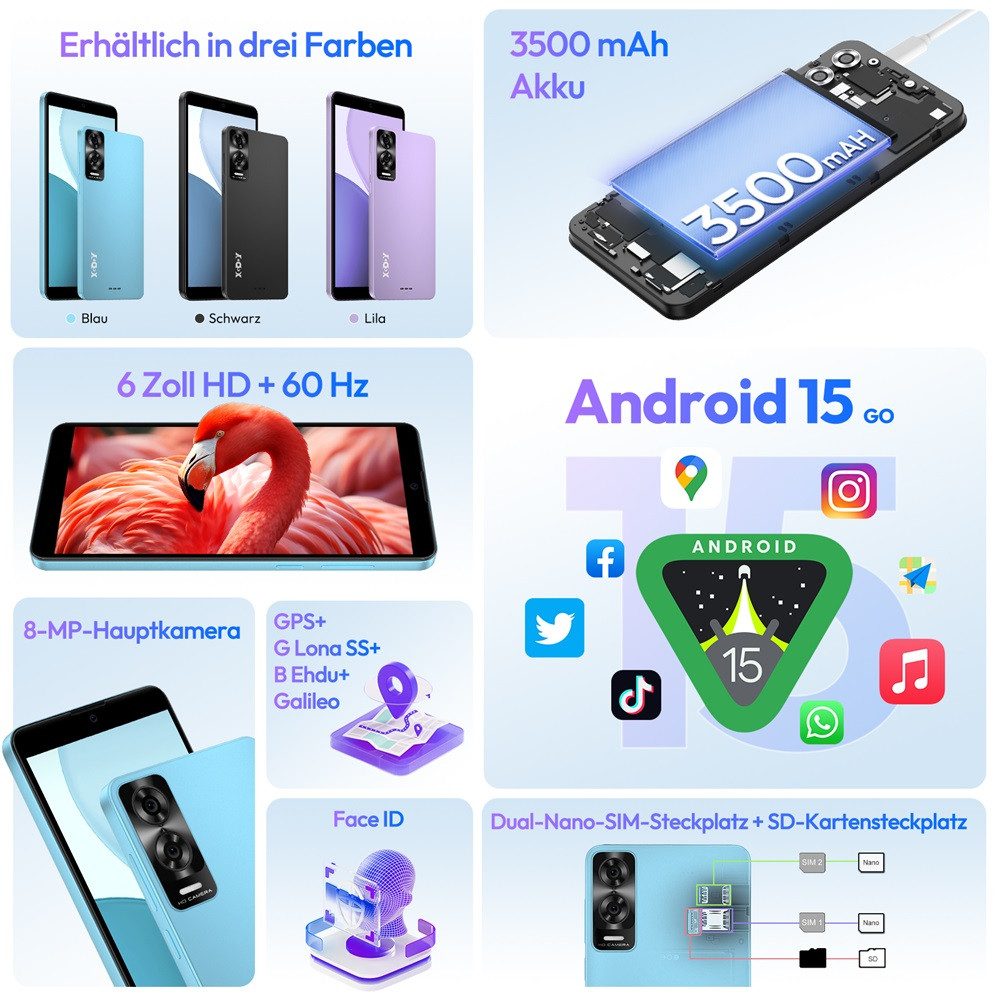 XGODY 2025 Neues, günstiges, entsperrtes Android 15 Smartphone (6 Zoll, 32 GB Speicherplatz, Ohne Vertrag Handy, 8-Kern-Prozessor, Dual-SIM, 6 Zoll, 32 GB)
