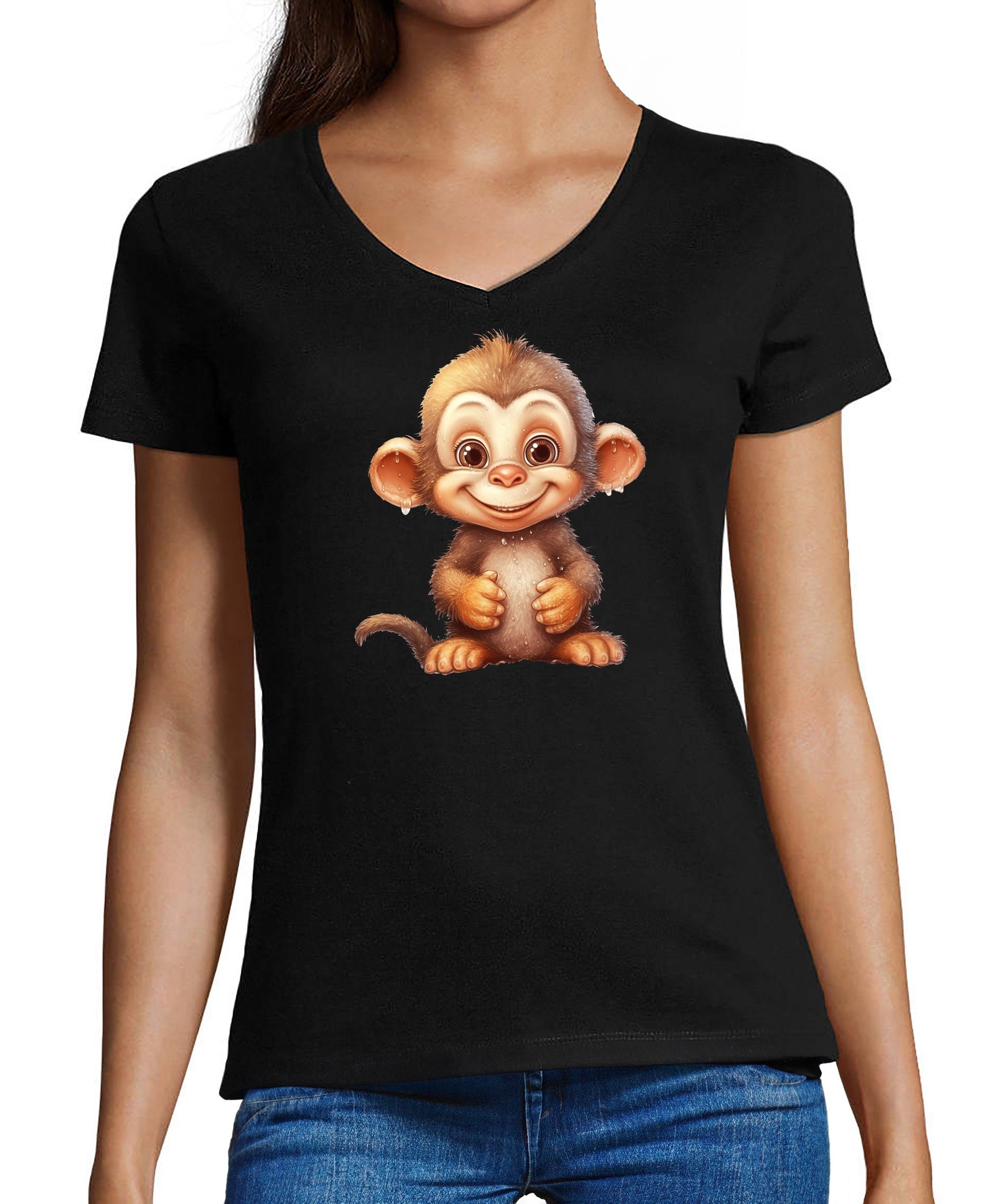 schwarz Aufdruck Damen T-Shirt Schimpanse V-Ausschnitt Shirt Fit Wildtier Baumwollshirt mit Baby Slim Affe Print MyDesign24 -