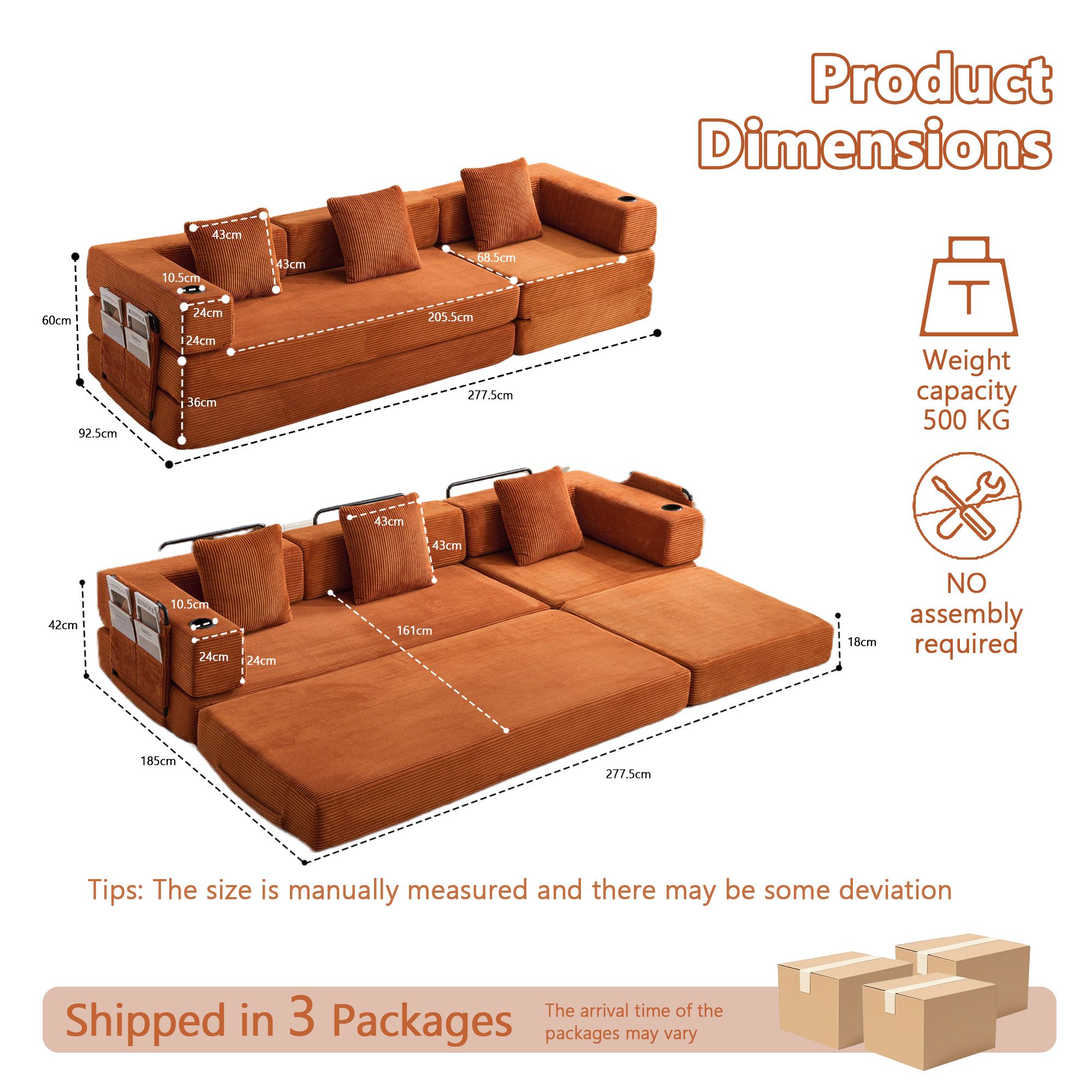 CANMOV Sofa 1&2&3 Sitzer Sofa-Bett mit Getränkehaltern, klappbares Gästesofa, Relaxsofa mit Aufklappfunktion und Cordbezug