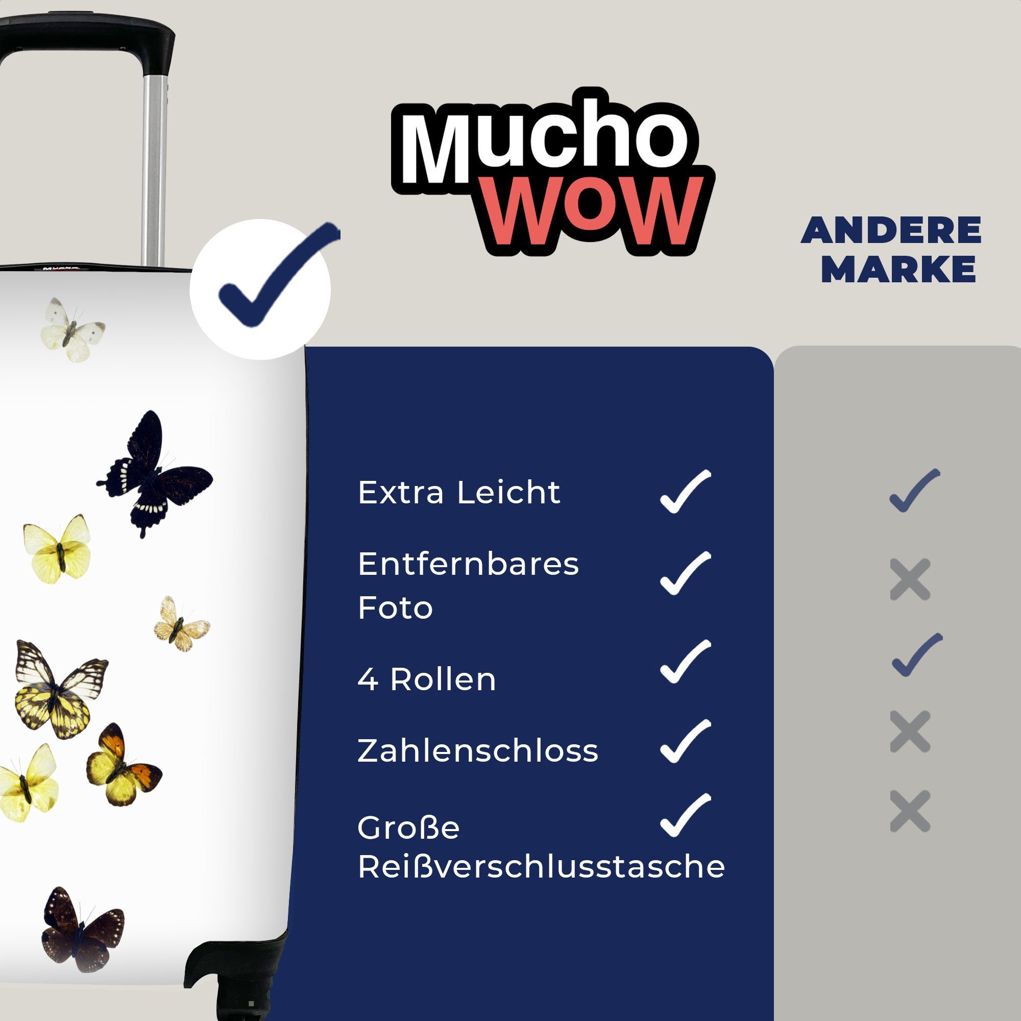 Trolley, Rollen, rollen, Ferien, weißem Hintergrund, mit Schmetterlinge auf Reisekoffer für MuchoWow Handgepäckkoffer 4 Reisetasche Handgepäck