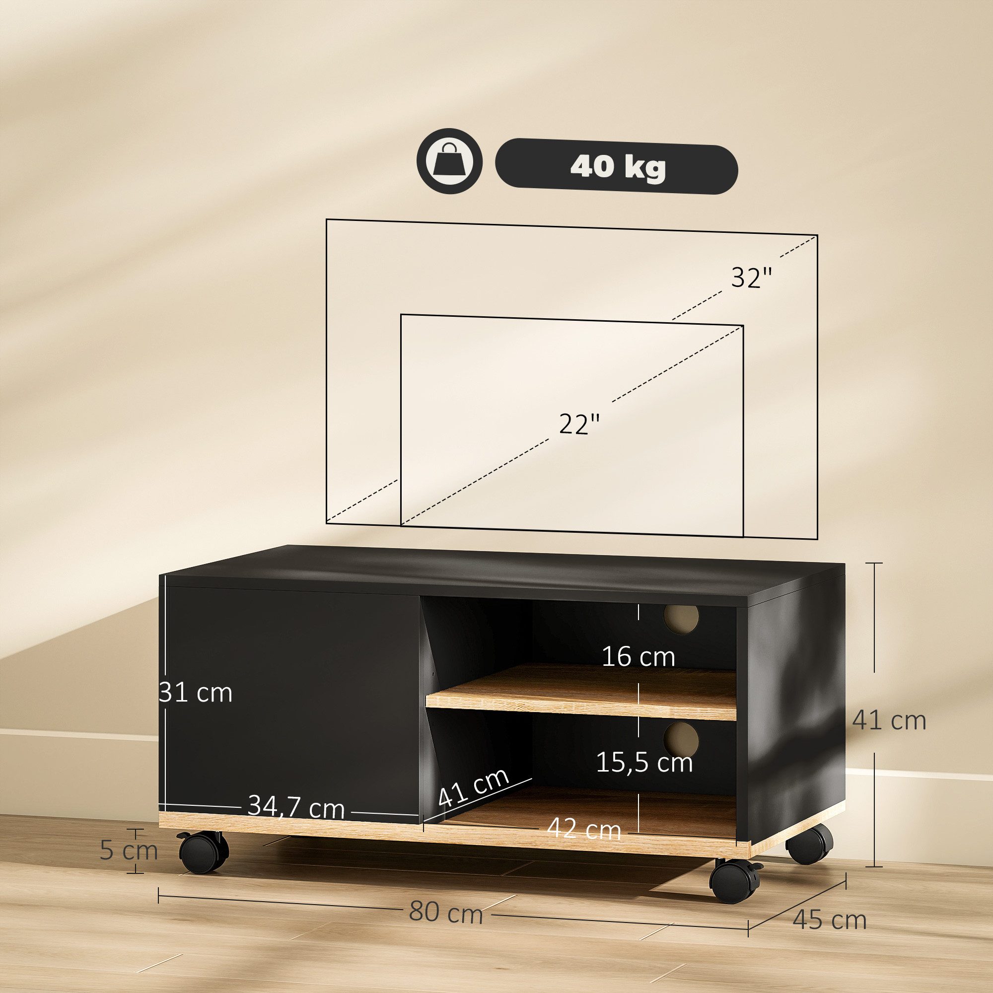 HOMCOM TV-Board Fernsehtisch, TV Board für Wohnzimmer, Schwarz und Eiche (Lowboard auf Rollen, 1 St., 1 TV-Schrank), Mit Rollen und Kabelführung, für 32 Zoll TV
